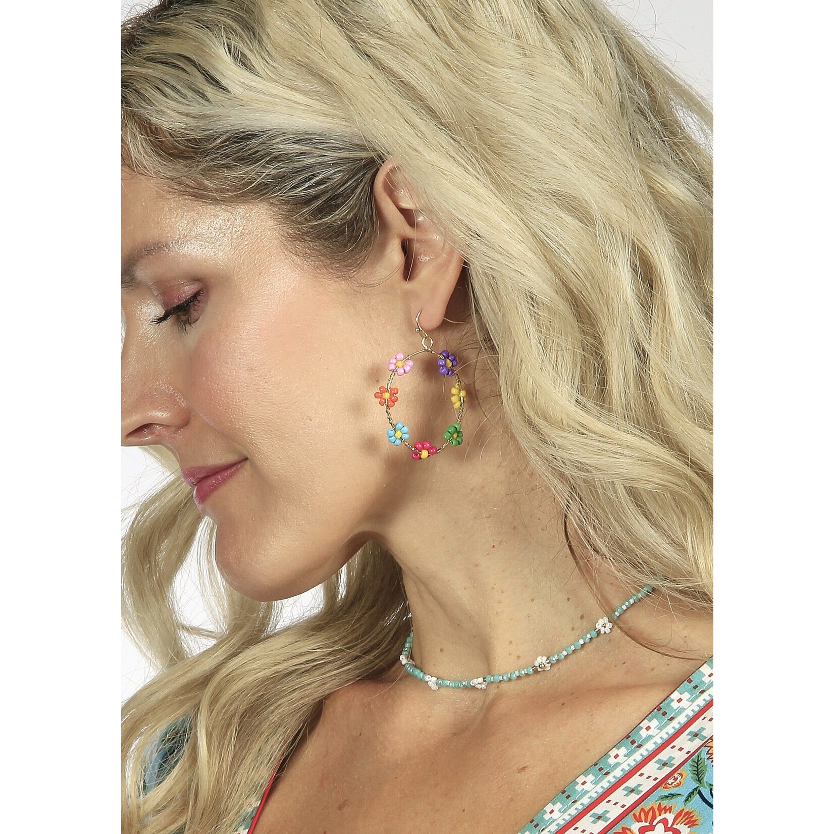 m. lynne designs white daisy flower bead hoop earring