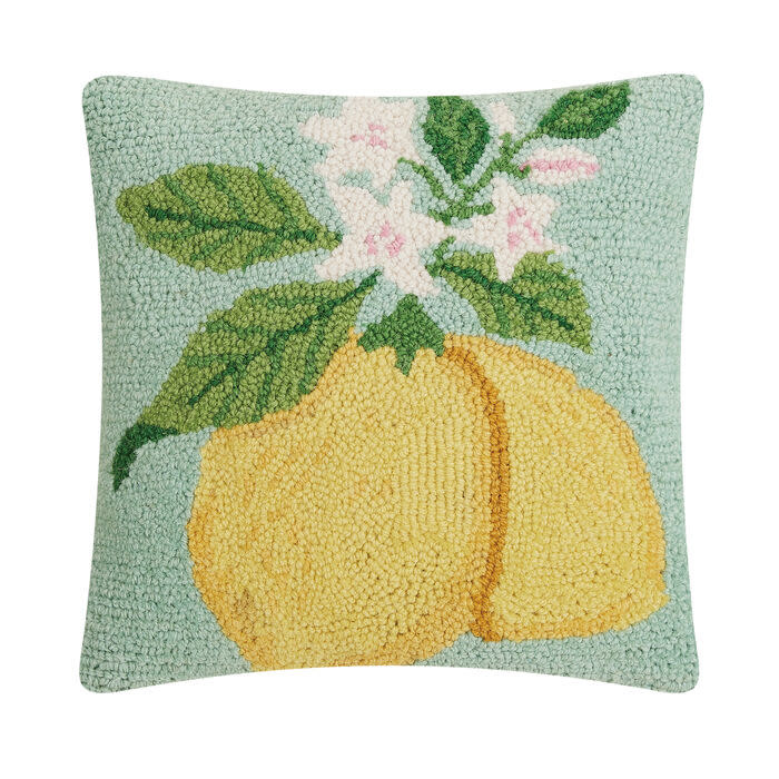 available at m. lynne designs Lemons on Teal Pillow