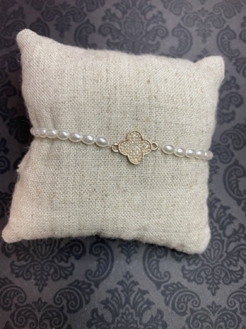 available at m. lynne designs Pearl with Gold Pearl Clover Bracelet