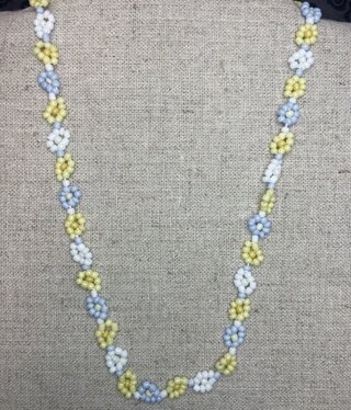 available at m. lynne designs Yellow, White & Blue Seed Bead Flower Necklace
