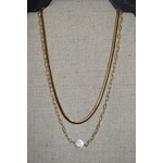 available at m. lynne designs double gold chain with single pearl necklace