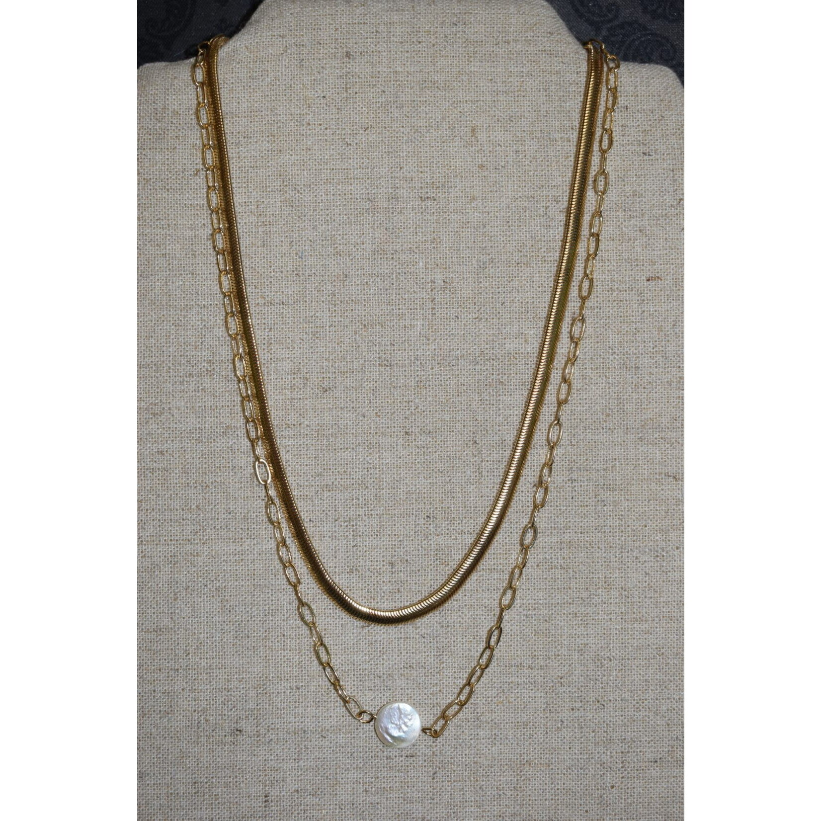 m. lynne designs double gold chain with single pearl necklace