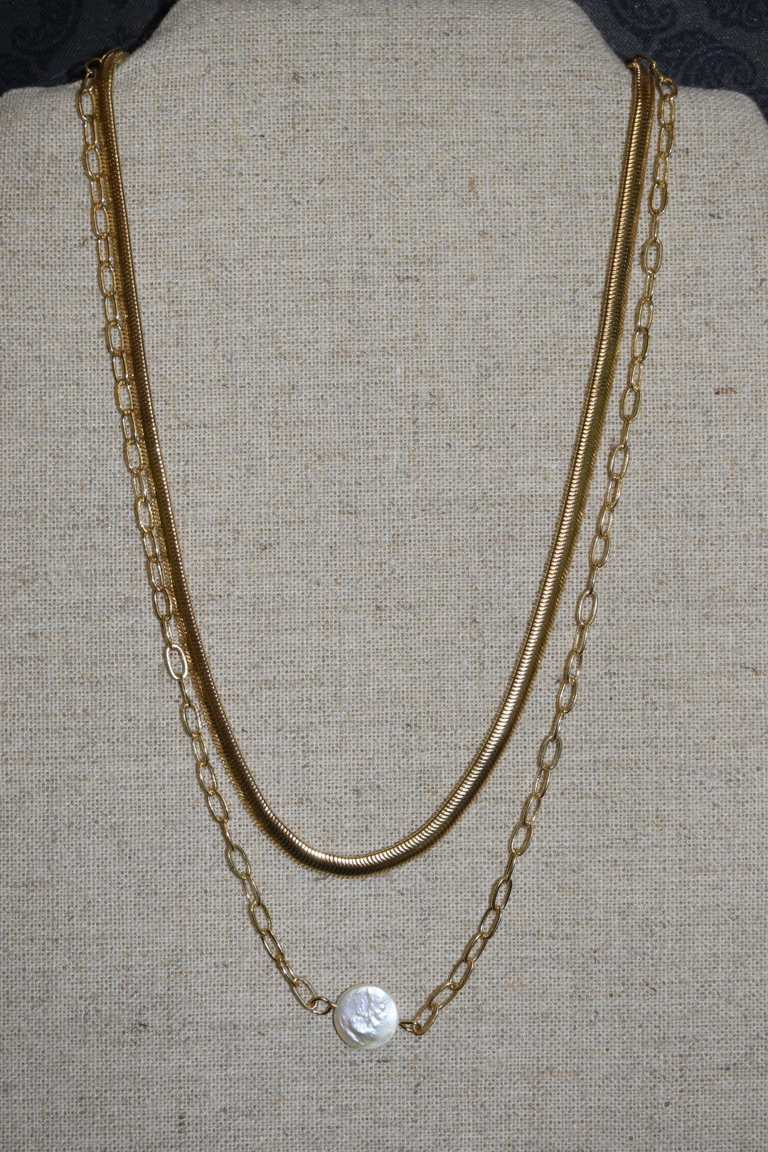 available at m. lynne designs Double Gold Chain with Single Pearl Necklace