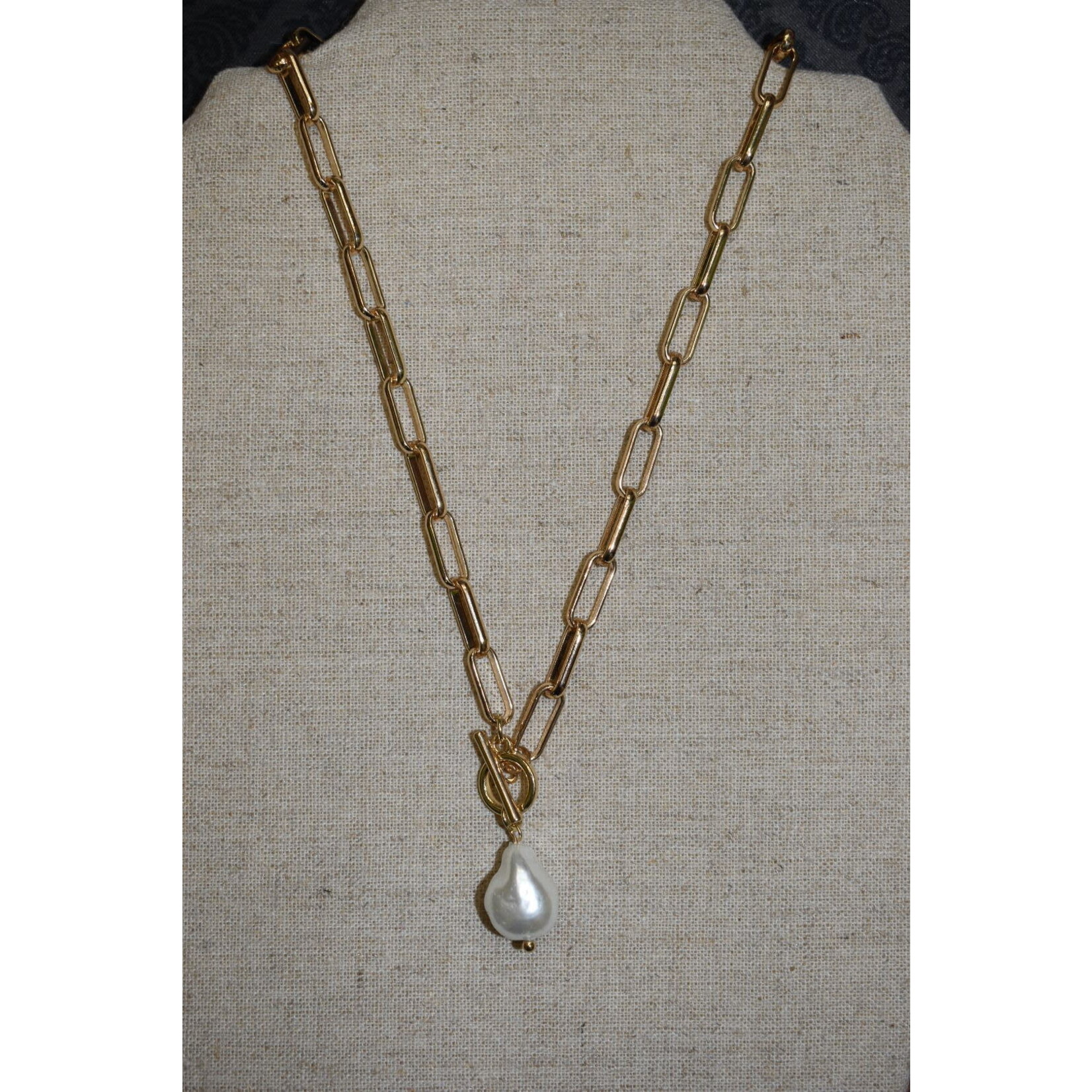 m. lynne designs gold paperclip necklace with baroque pearl and toggle clasp