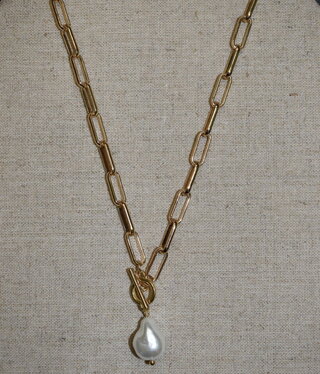 available at m. lynne designs Gold Paperclip Necklace with Baroque Pearl and Toggle Clasp
