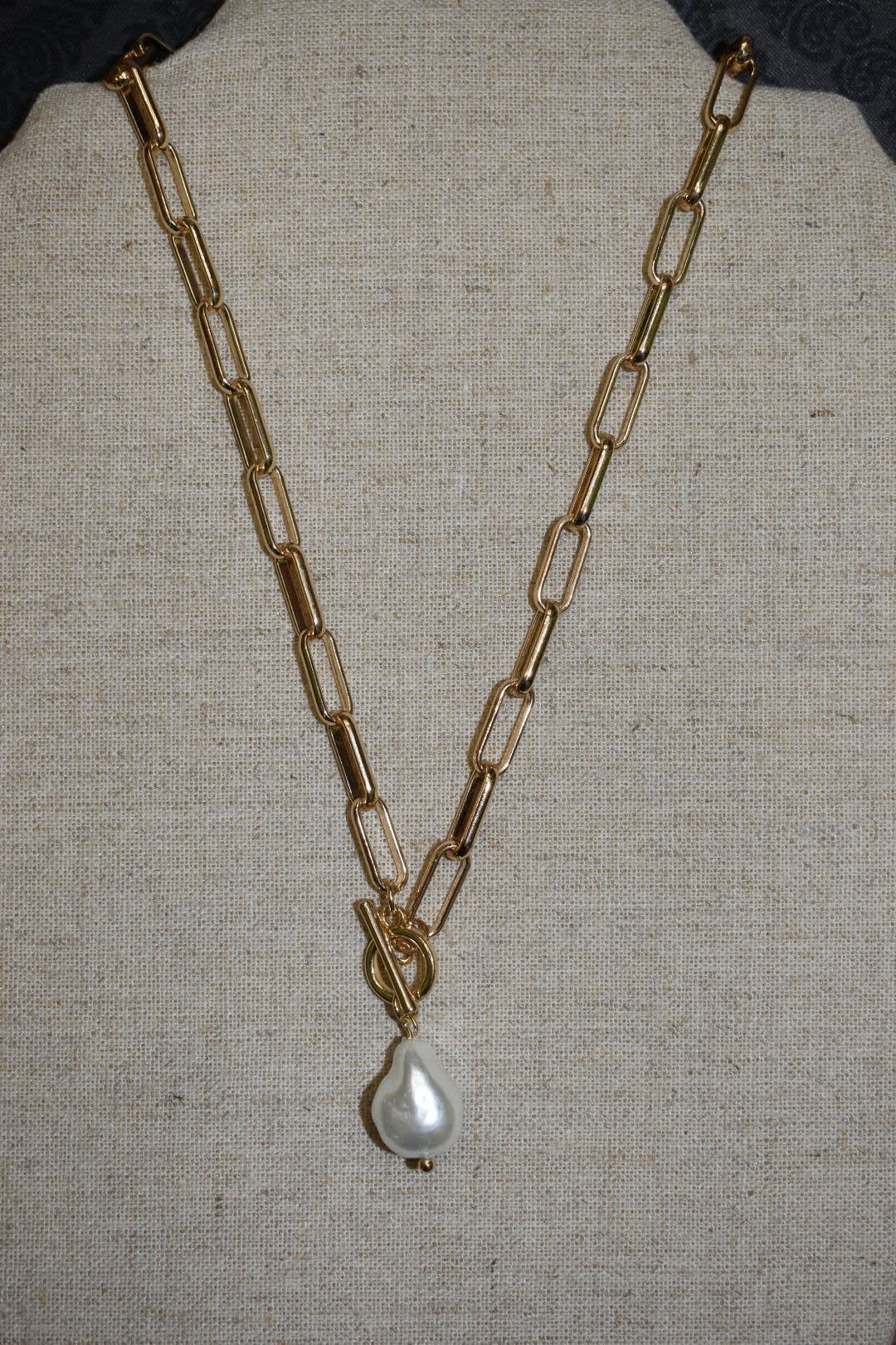 available at m. lynne designs Gold Paperclip Necklace with Baroque Pearl and Toggle Clasp