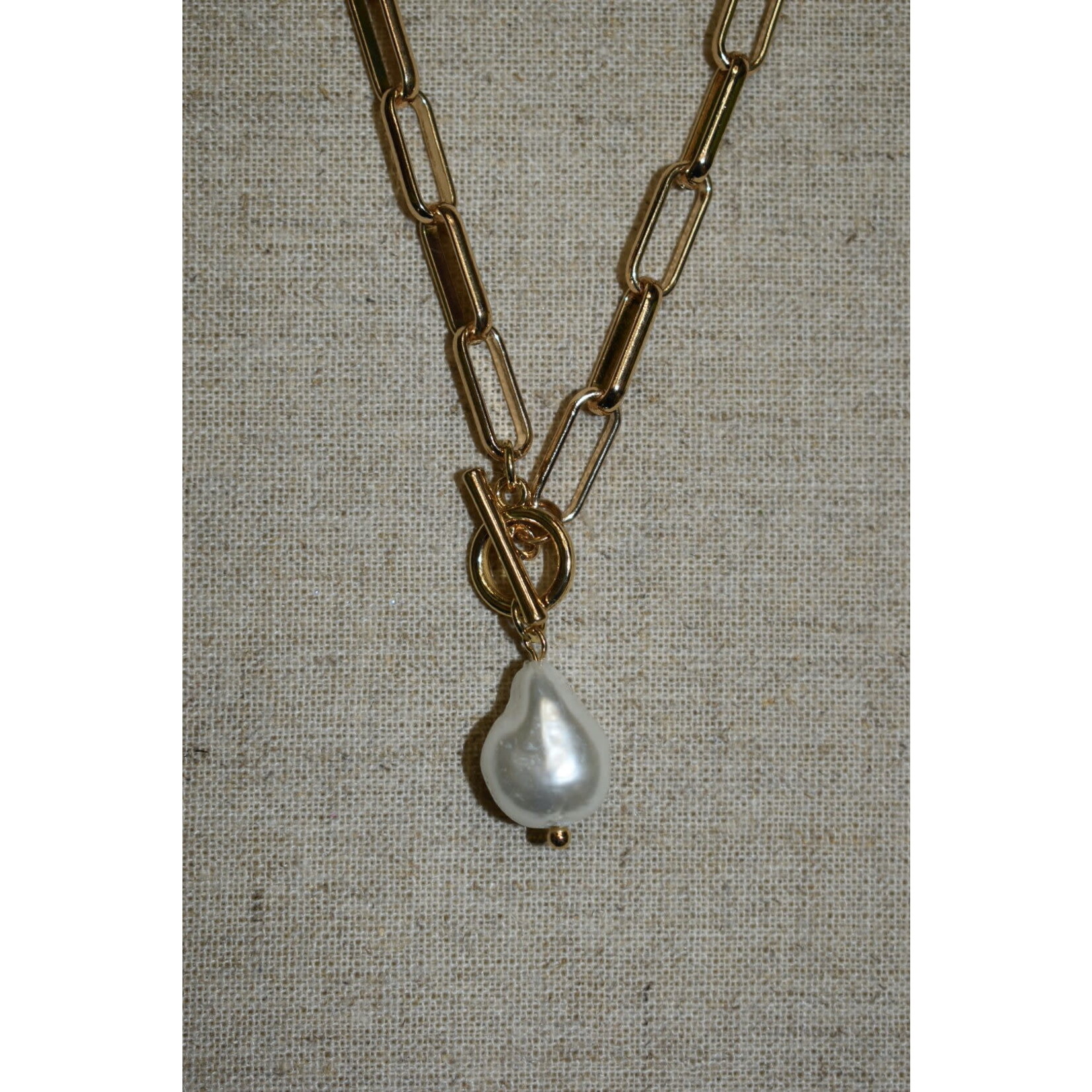 m. lynne designs gold paperclip necklace with baroque pearl and toggle clasp