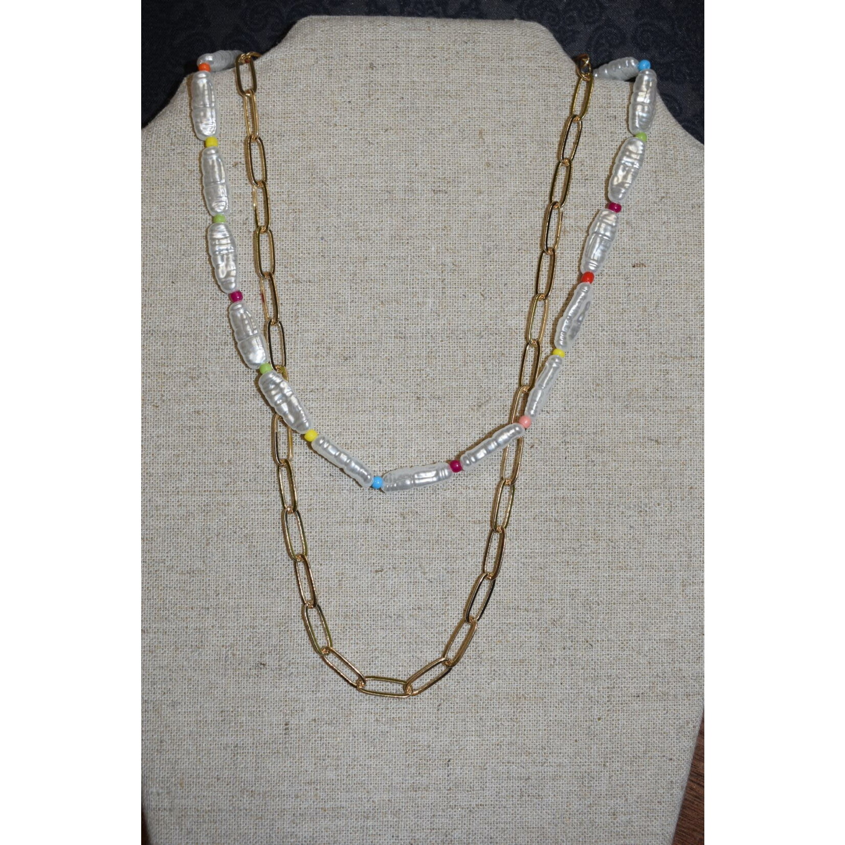 m. lynne designs gold paperclip with long pearl and multi-color necklace