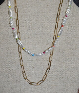 available at m. lynne designs gold paperclip with long pearl and multi-color necklace