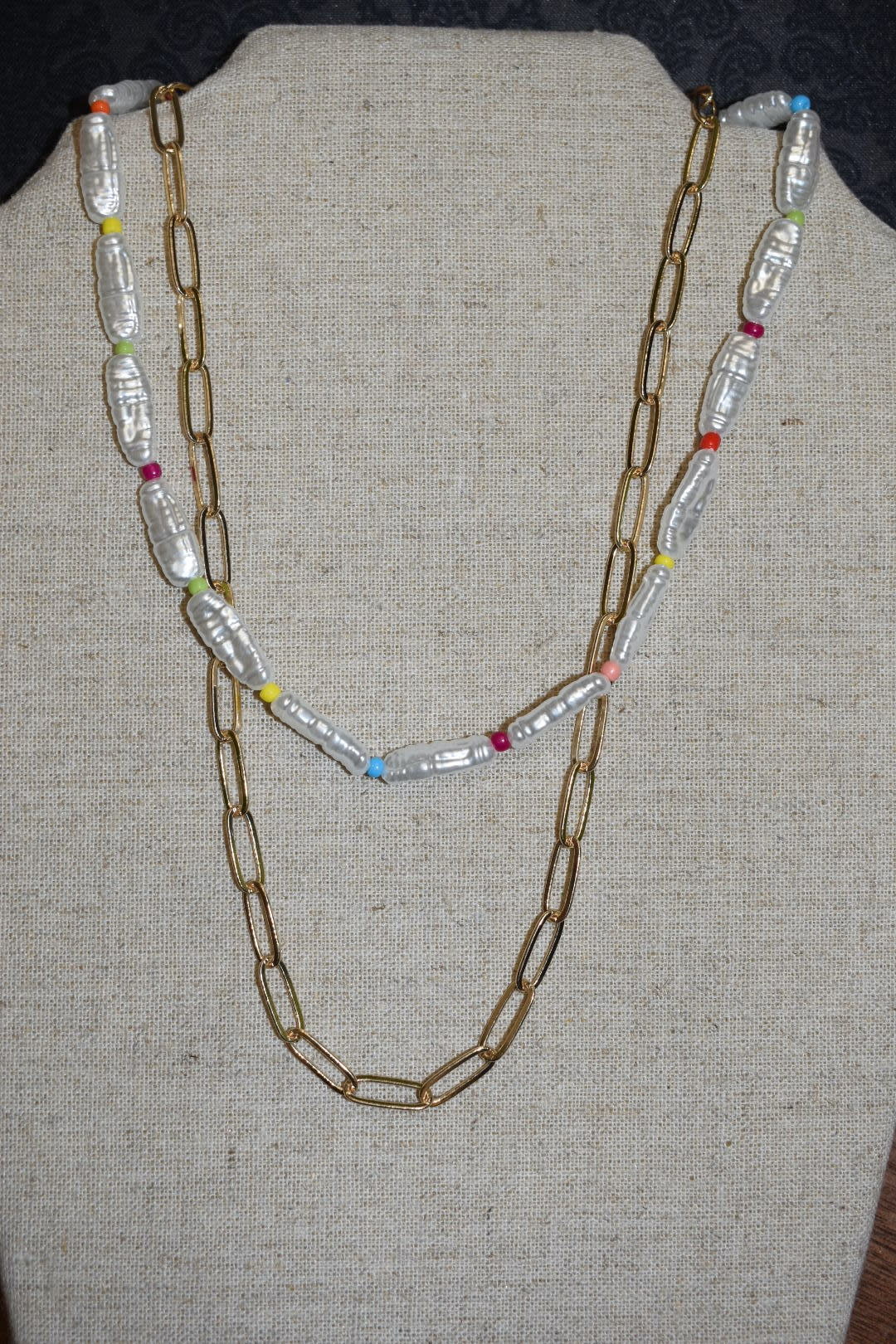 available at m. lynne designs Gold Paperclip with Long Pearl and Multi-Color Necklace