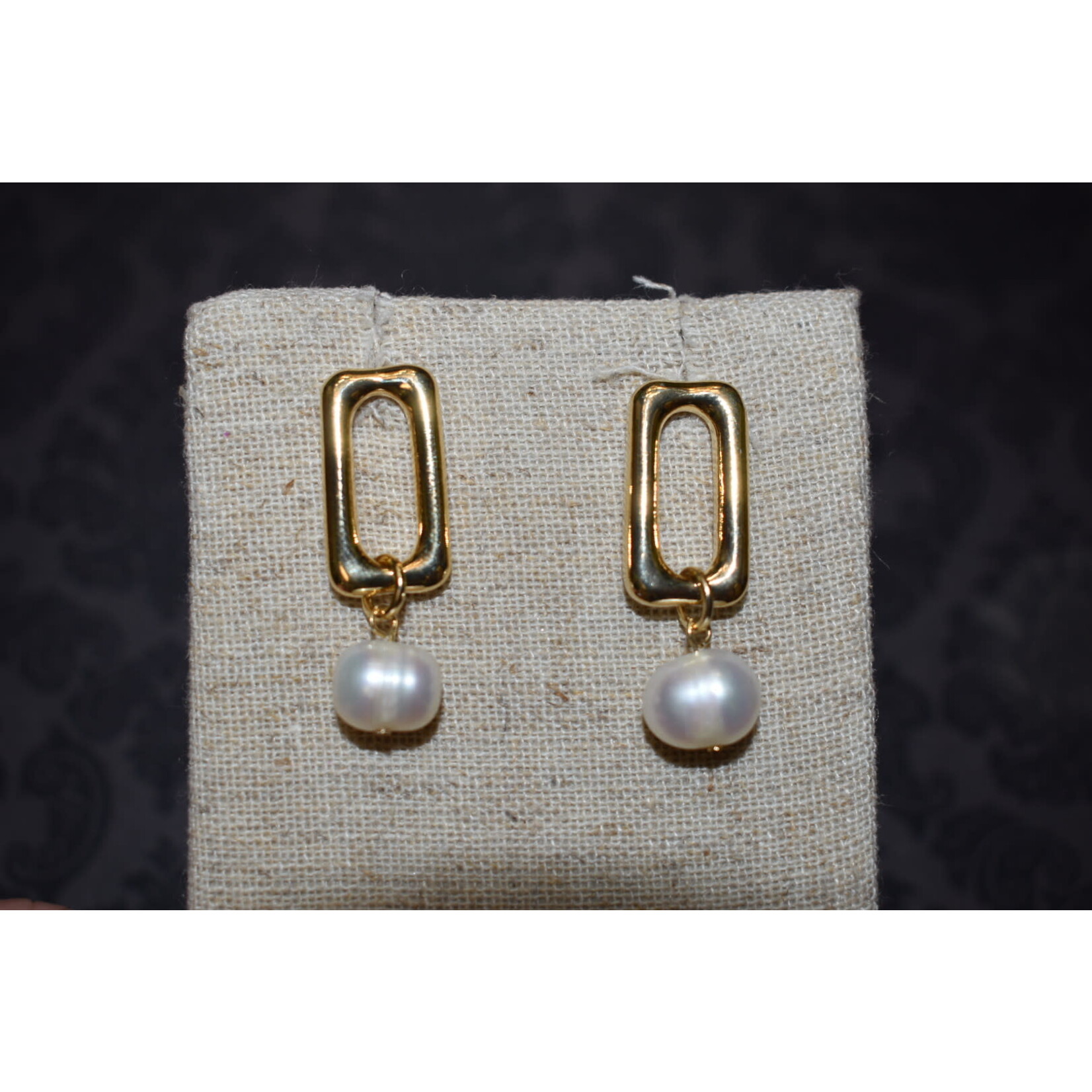 m. lynne designs gold rectangle earring with pearl dangle
