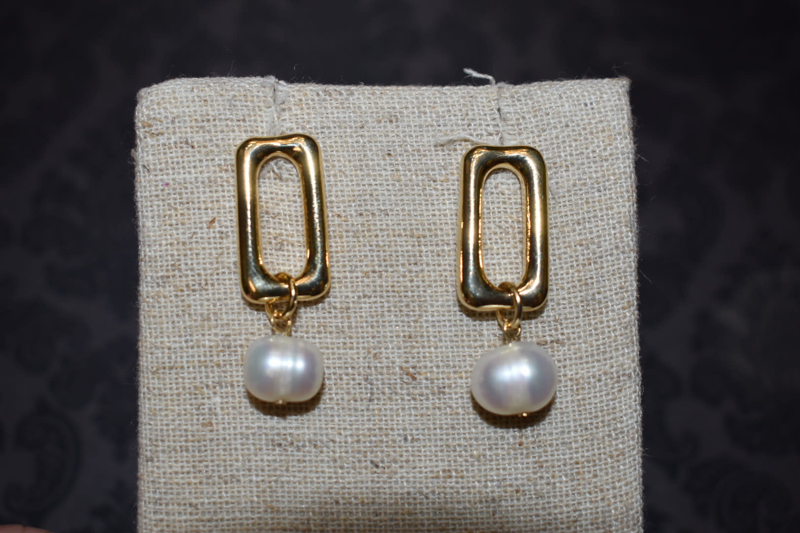 available at m. lynne designs Gold Rectangle Earring with Pearl Dangle