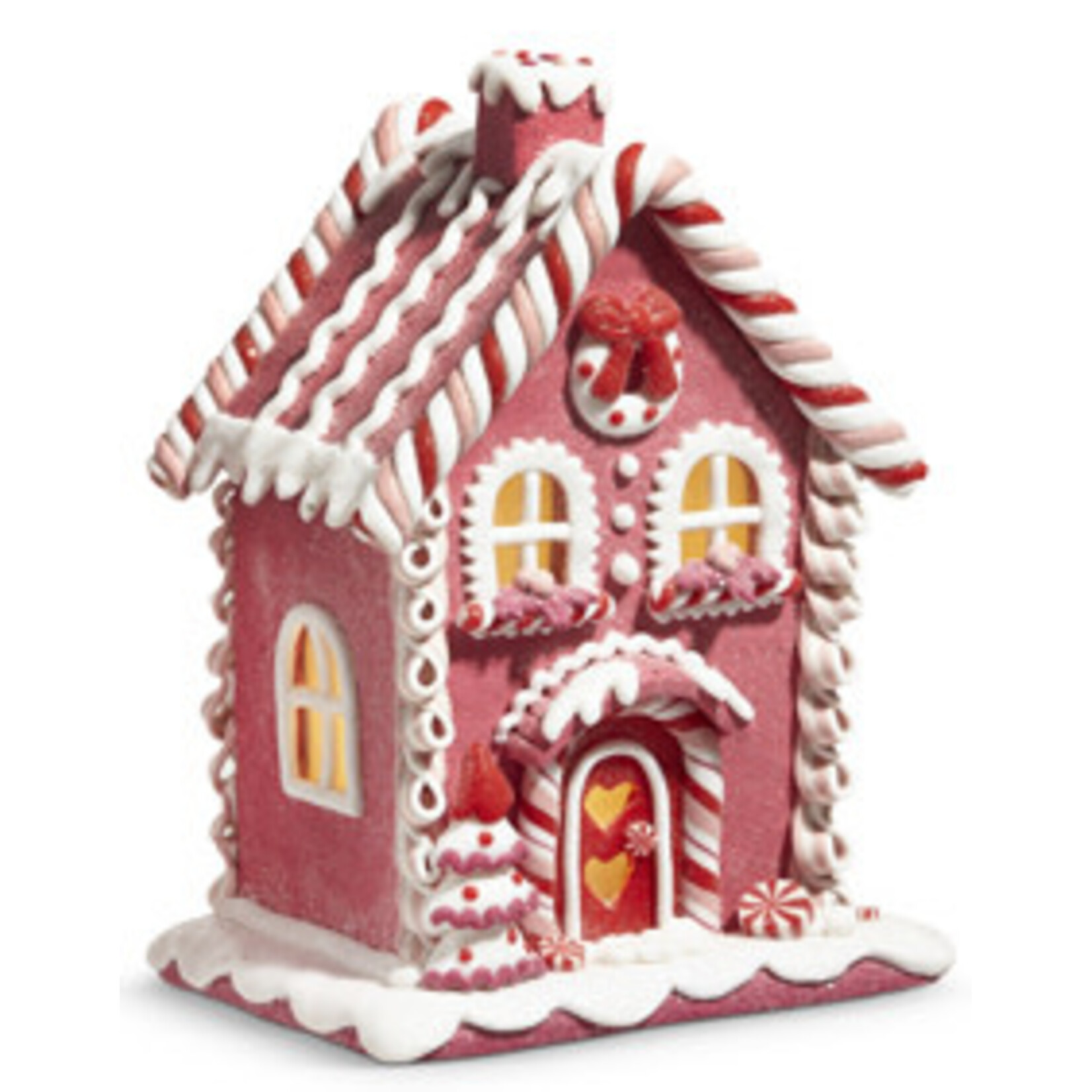 m. lynne designs pink lighted gingerbread house with wreath above windows