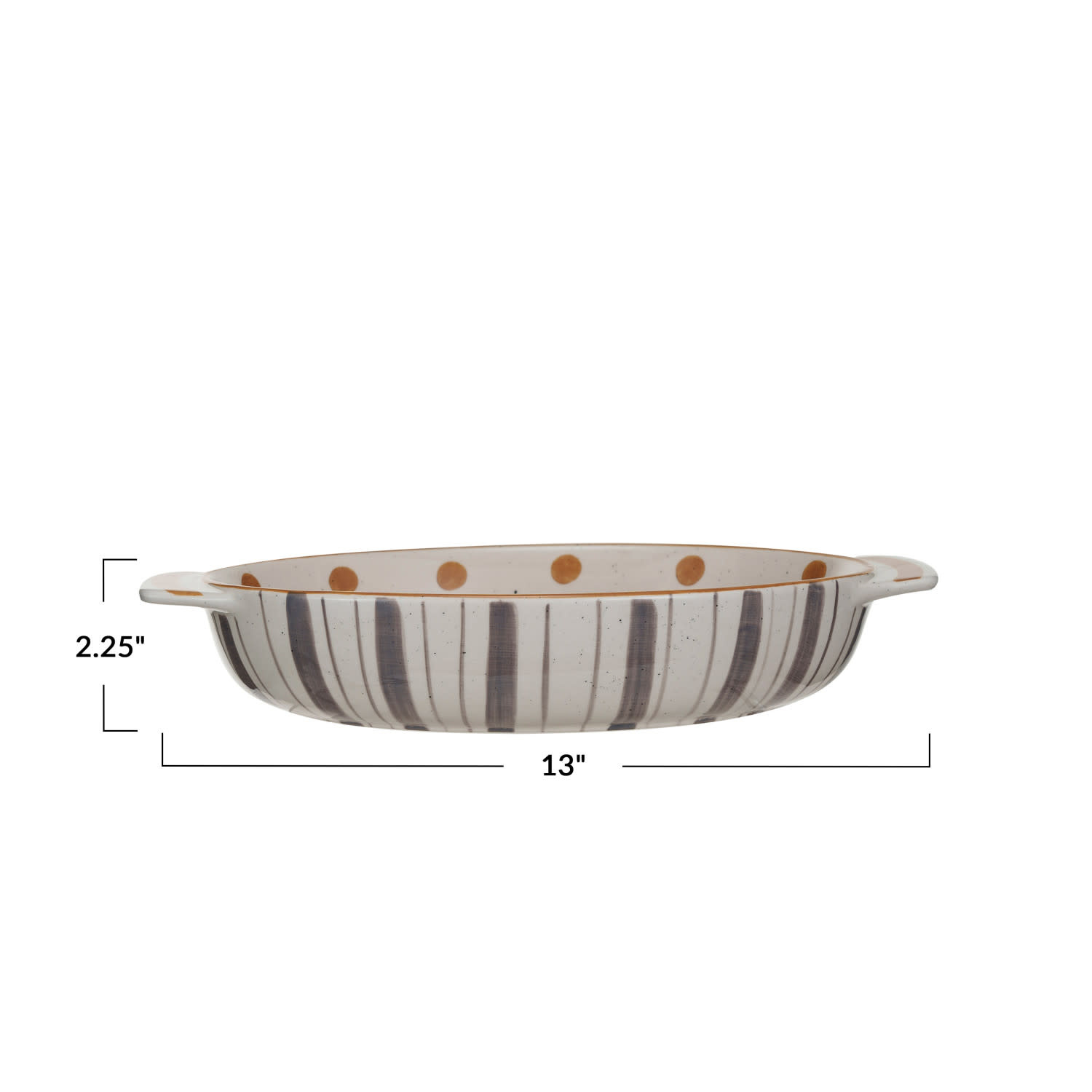 available at m. lynne designs quart dot and stripes in cream and mustard baking dish