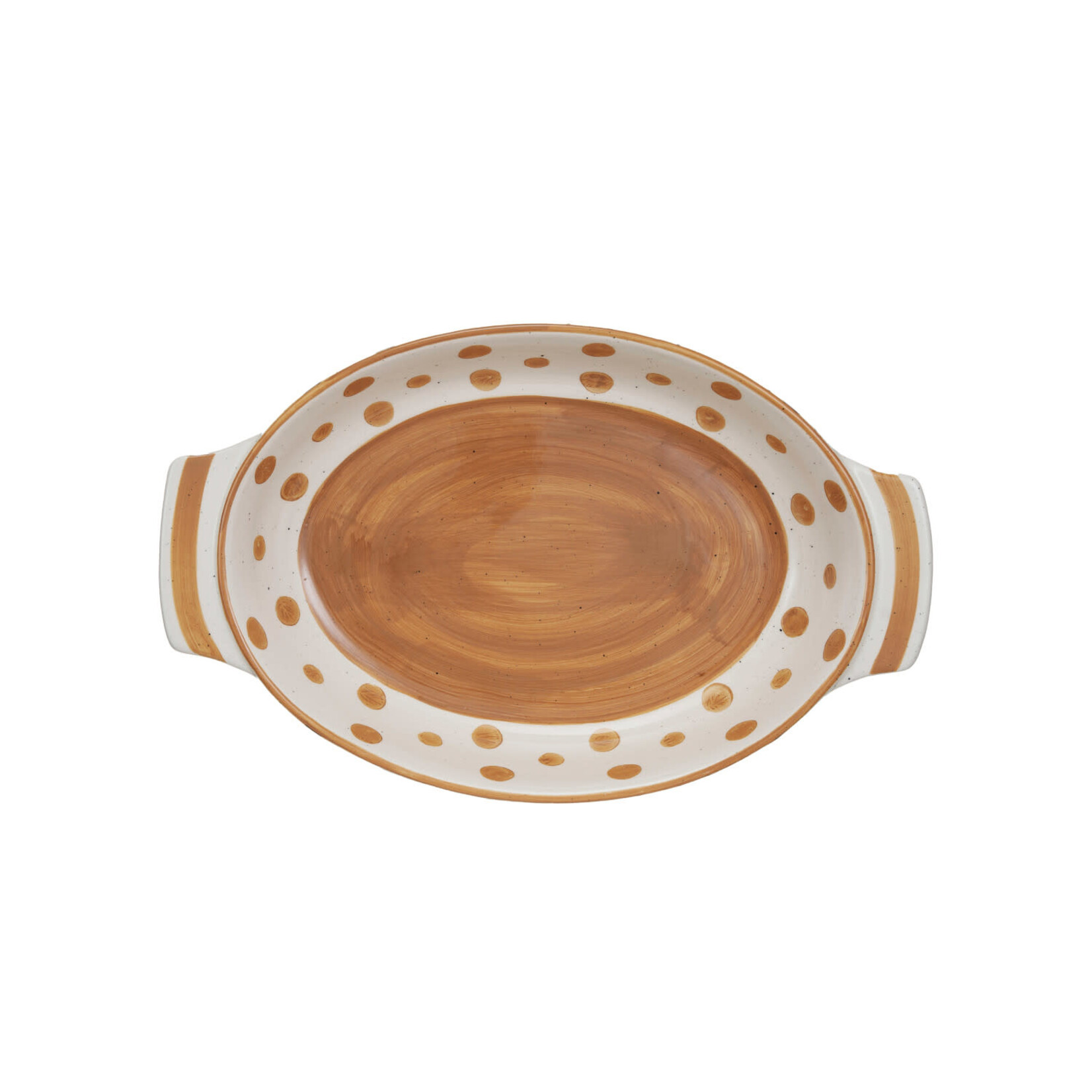 m. lynne designs quart dot and stripes in cream and mustard baking dish