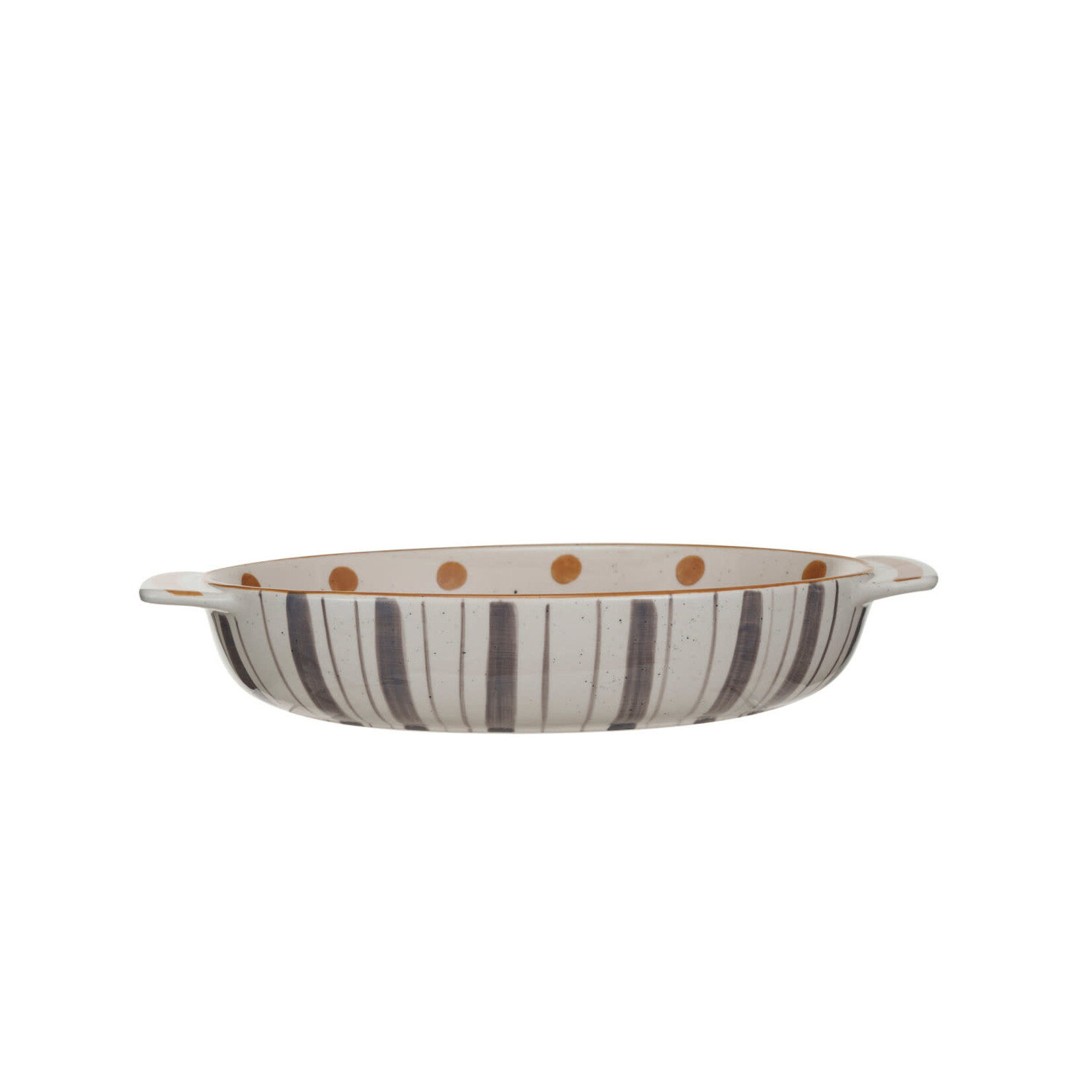 m. lynne designs quart dot and stripes in cream and mustard baking dish