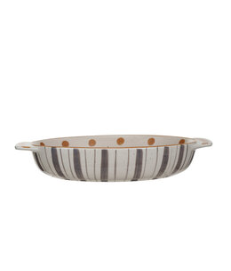 available at m. lynne designs quart dot and stripes in cream and mustard baking dish