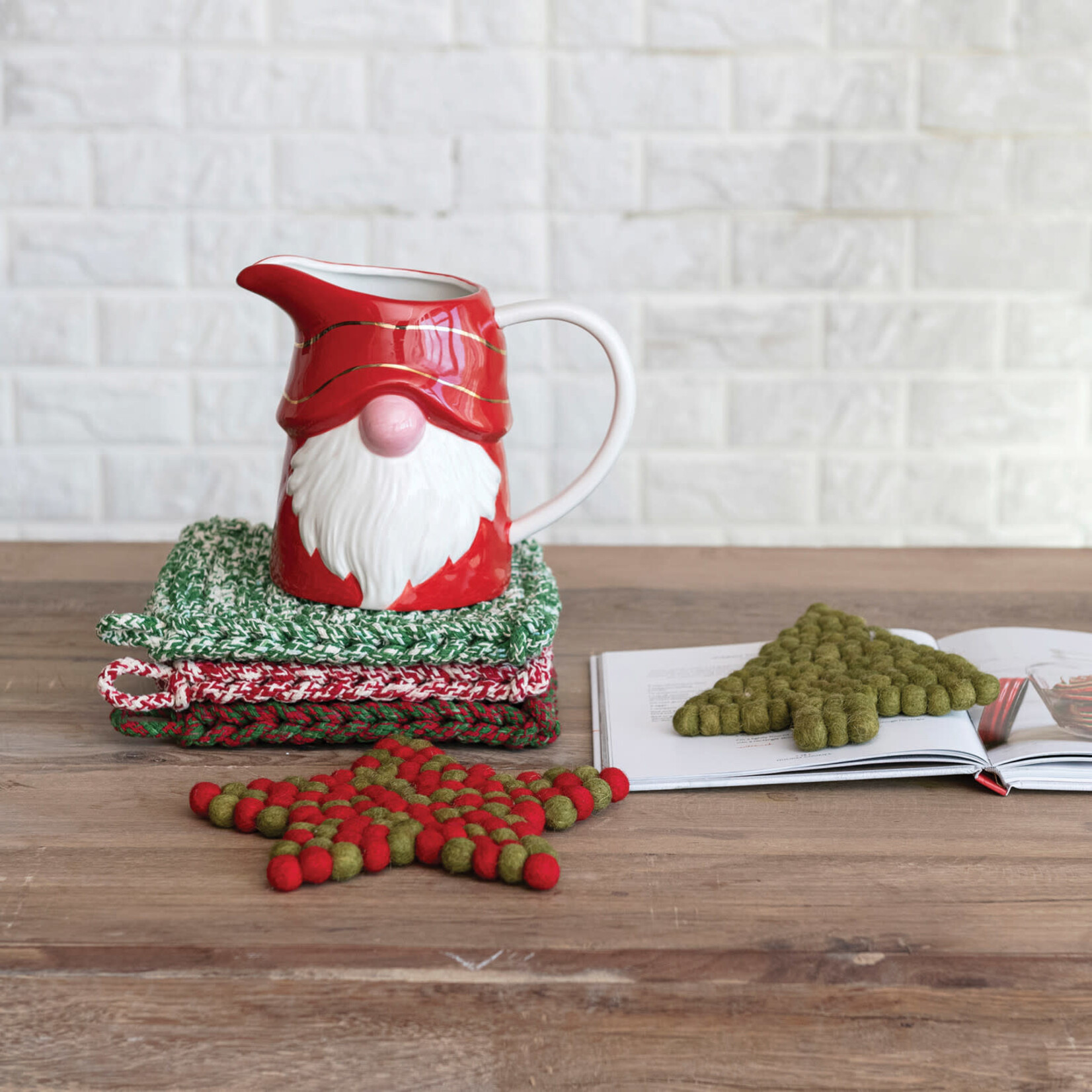 m. lynne designs green & red wool felt ball star trivet