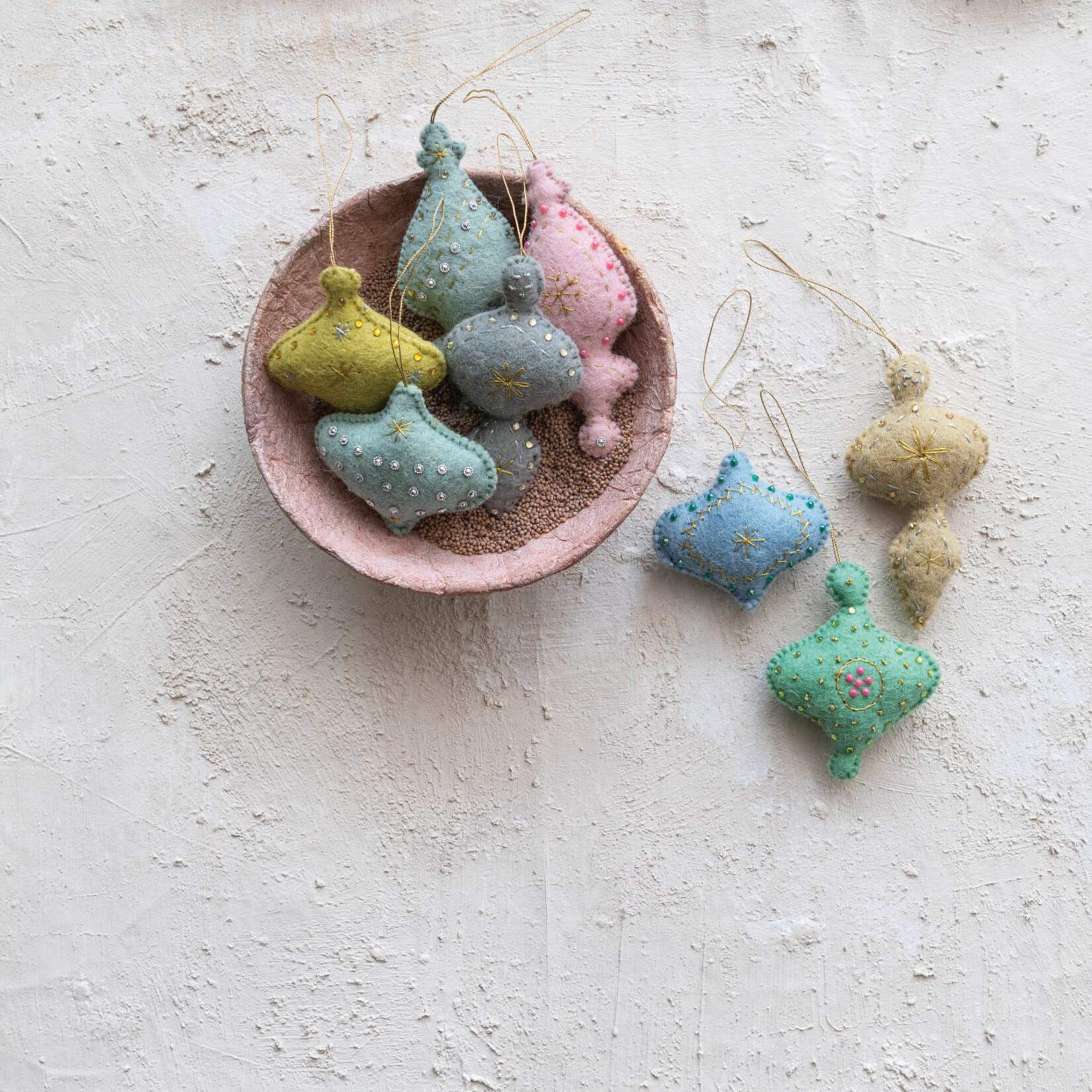 m. lynne designs pastel wool felt ornament with embroidery and beads