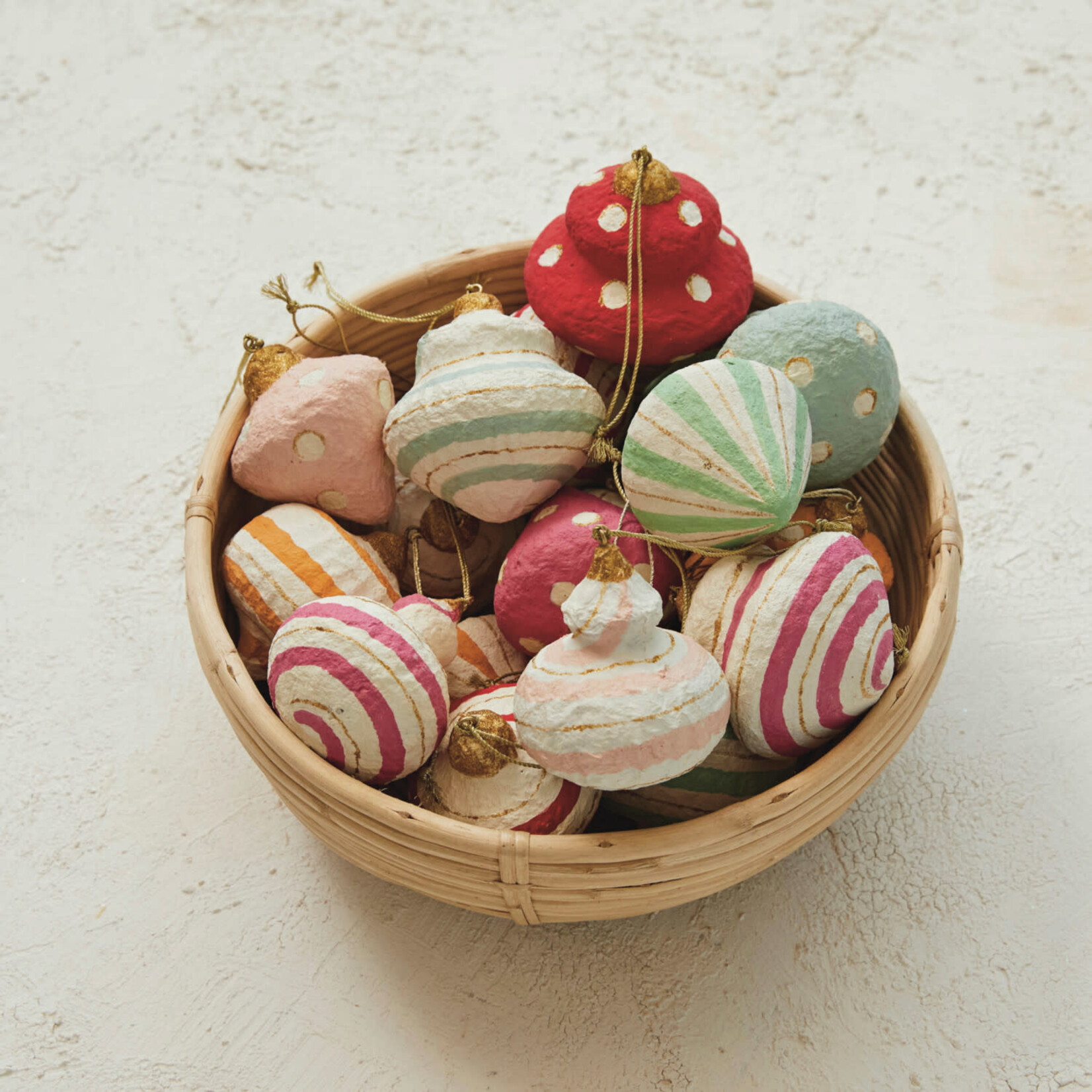 m. lynne designs paper mache ornament with reds, greens and blues