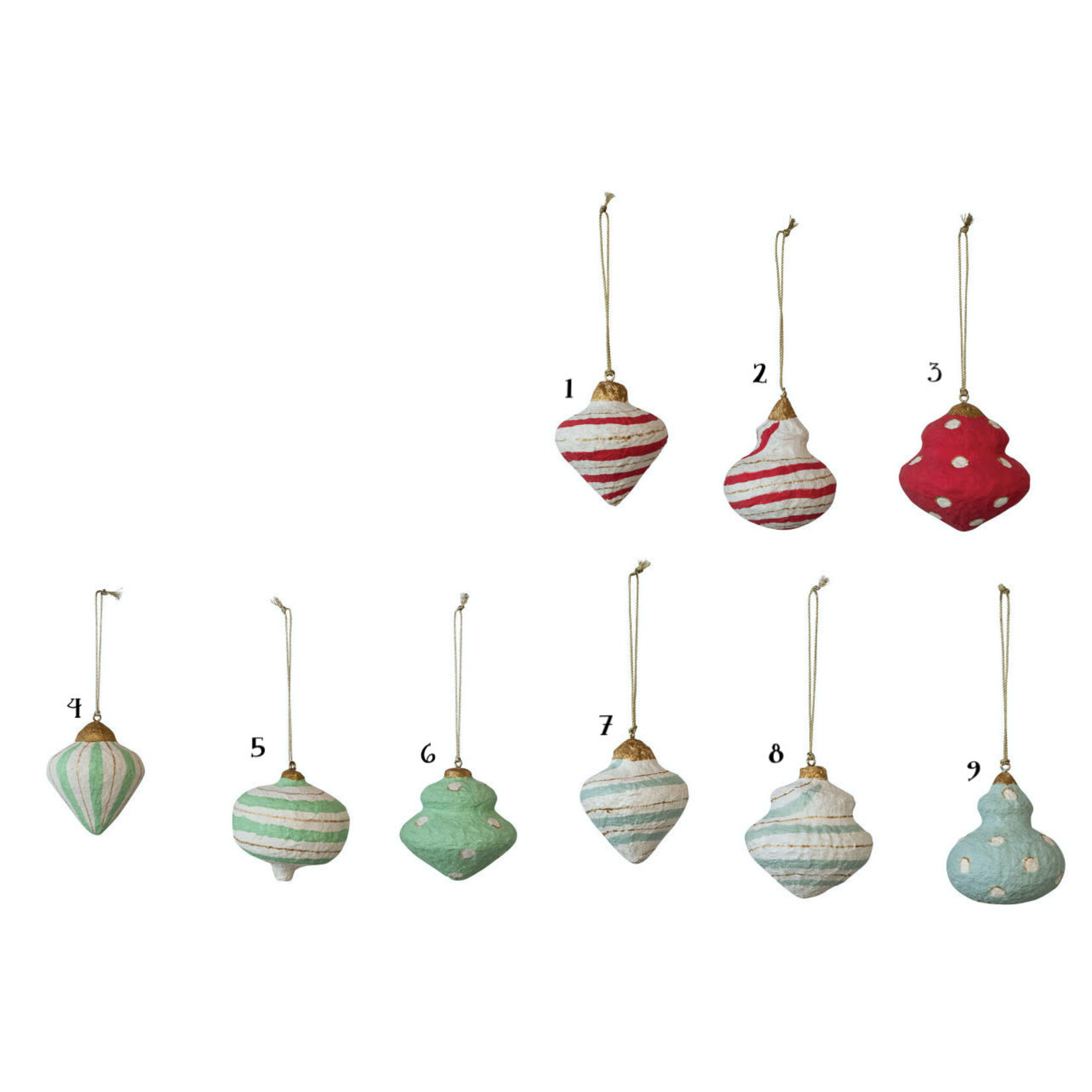 m. lynne designs paper mache ornament with reds, greens and blues