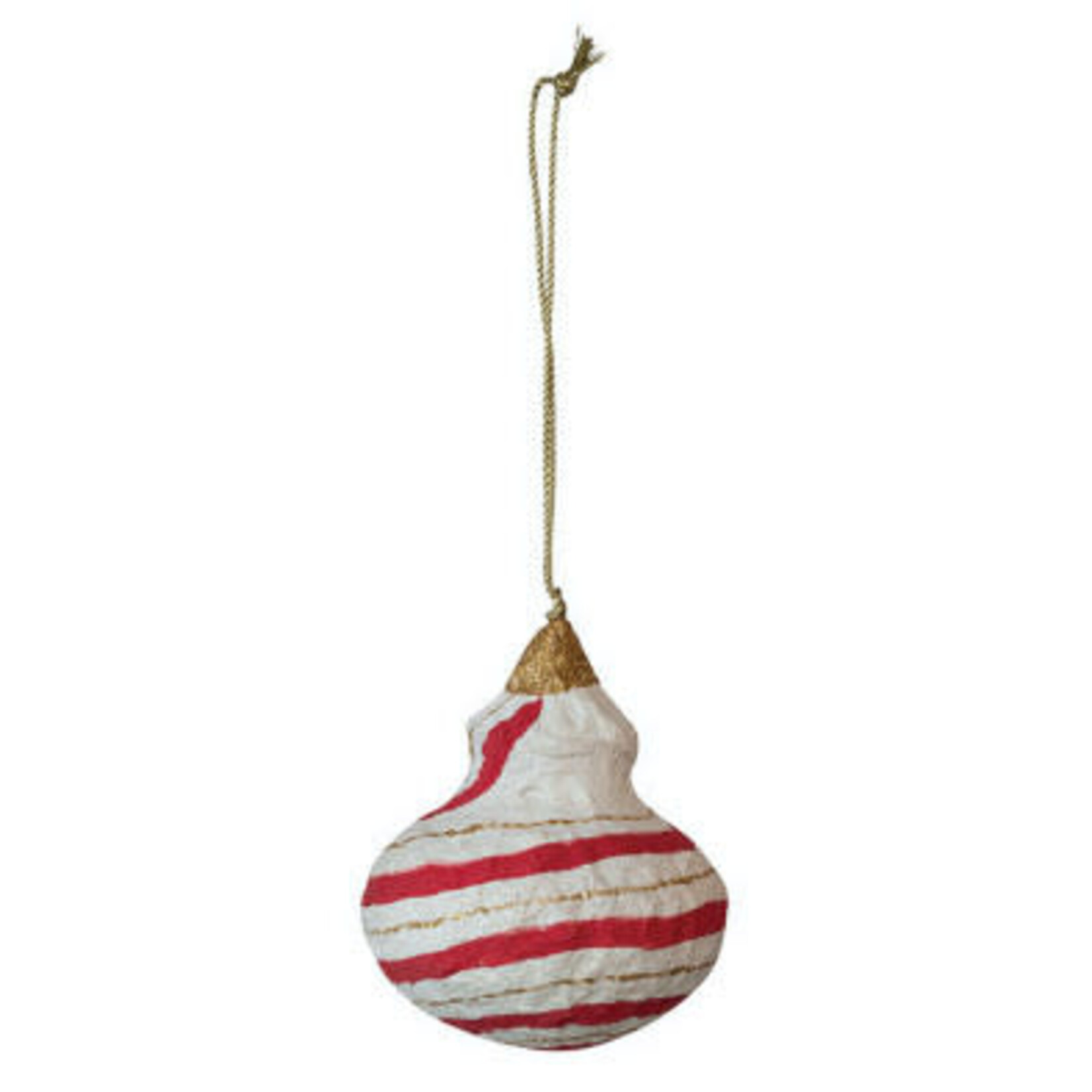 m. lynne designs paper mache ornament with reds, greens and blues