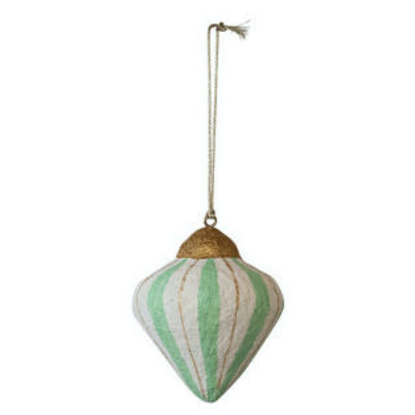 m. lynne designs paper mache ornament with reds, greens and blues