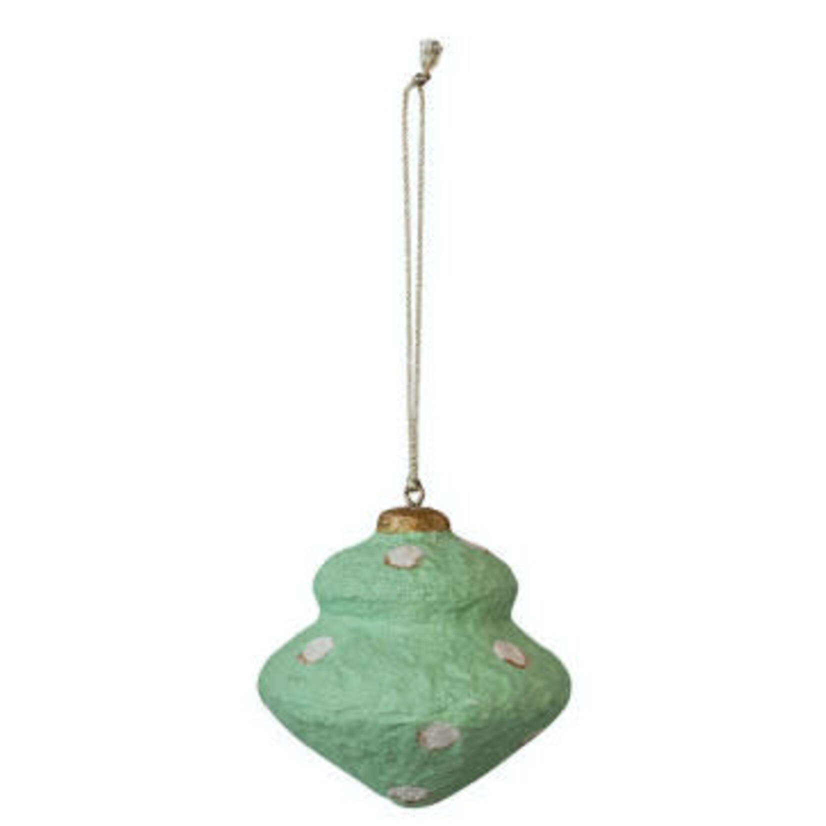m. lynne designs paper mache ornament with reds, greens and blues