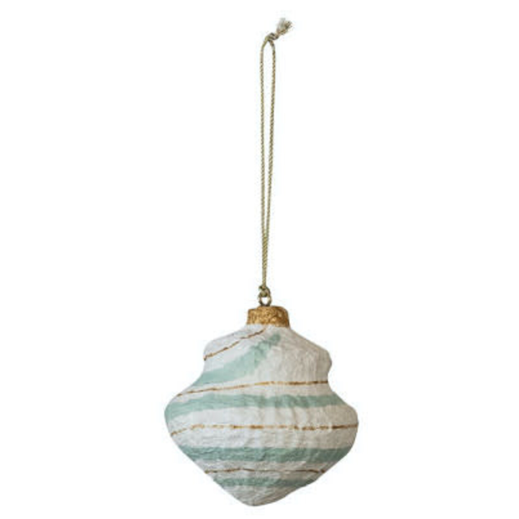 m. lynne designs paper mache ornament with reds, greens and blues
