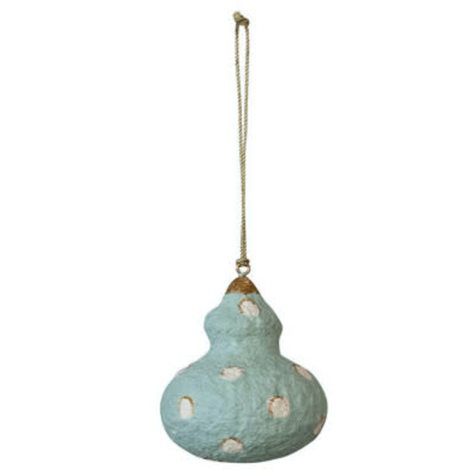 m. lynne designs paper mache ornament with reds, greens and blues