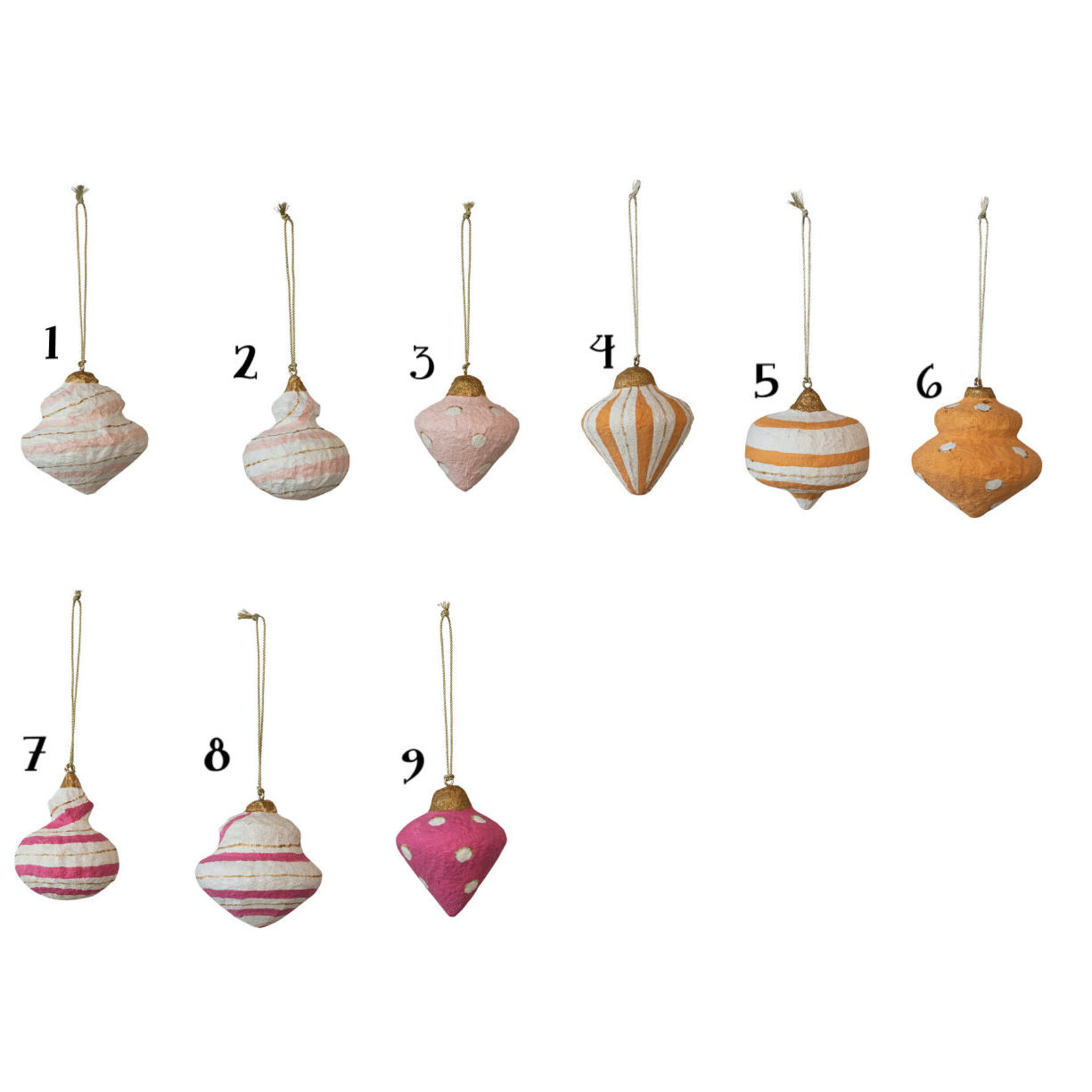 m. lynne designs paper mache ornament with blush, tangerines and pinks