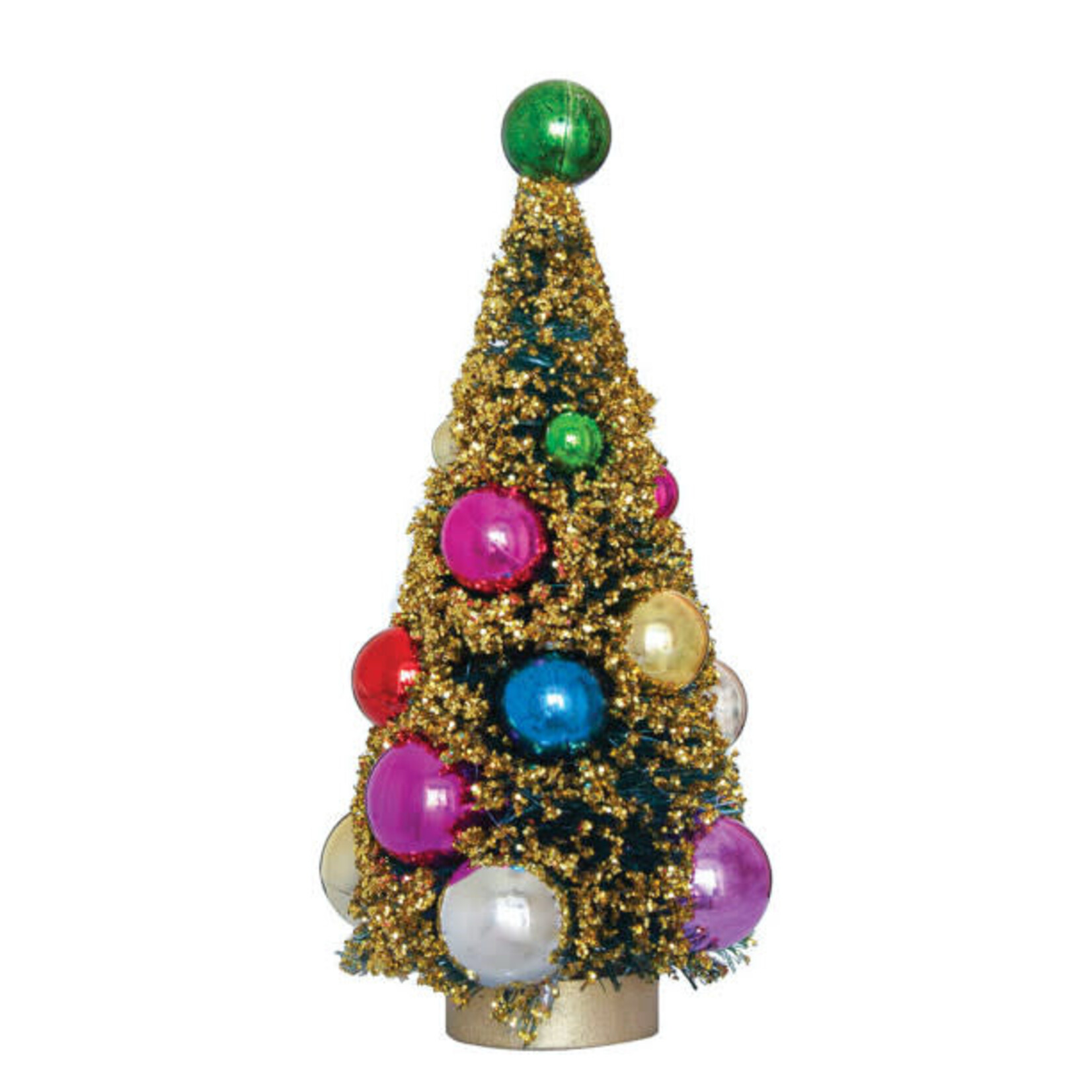 m. lynne designs gold bottlebrush tree with colorful ornaments