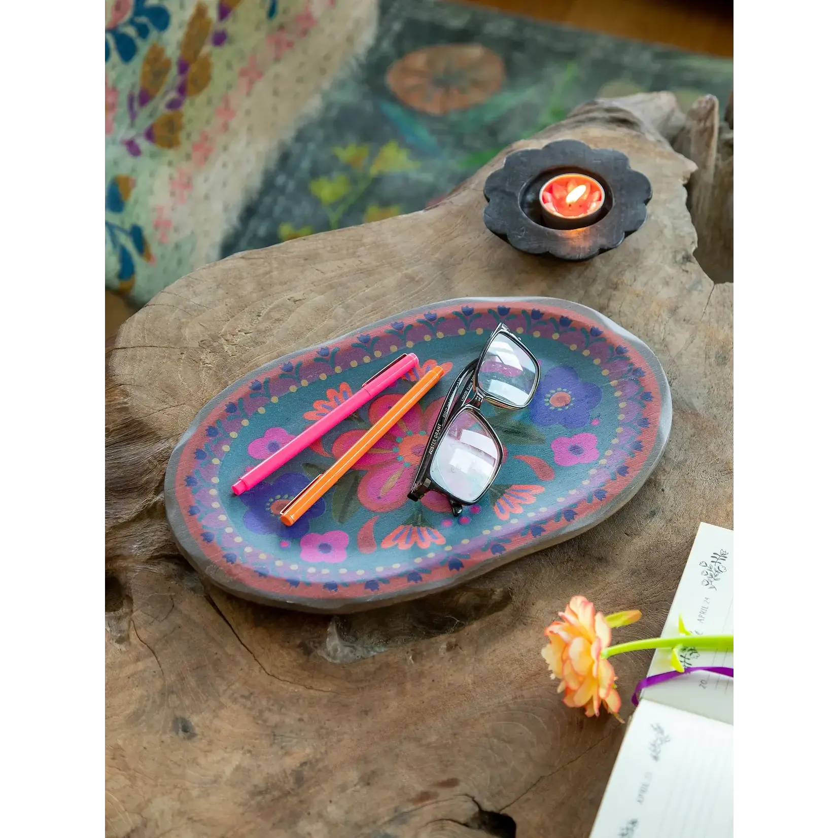 natural life oval turquoise folk flower wood platter