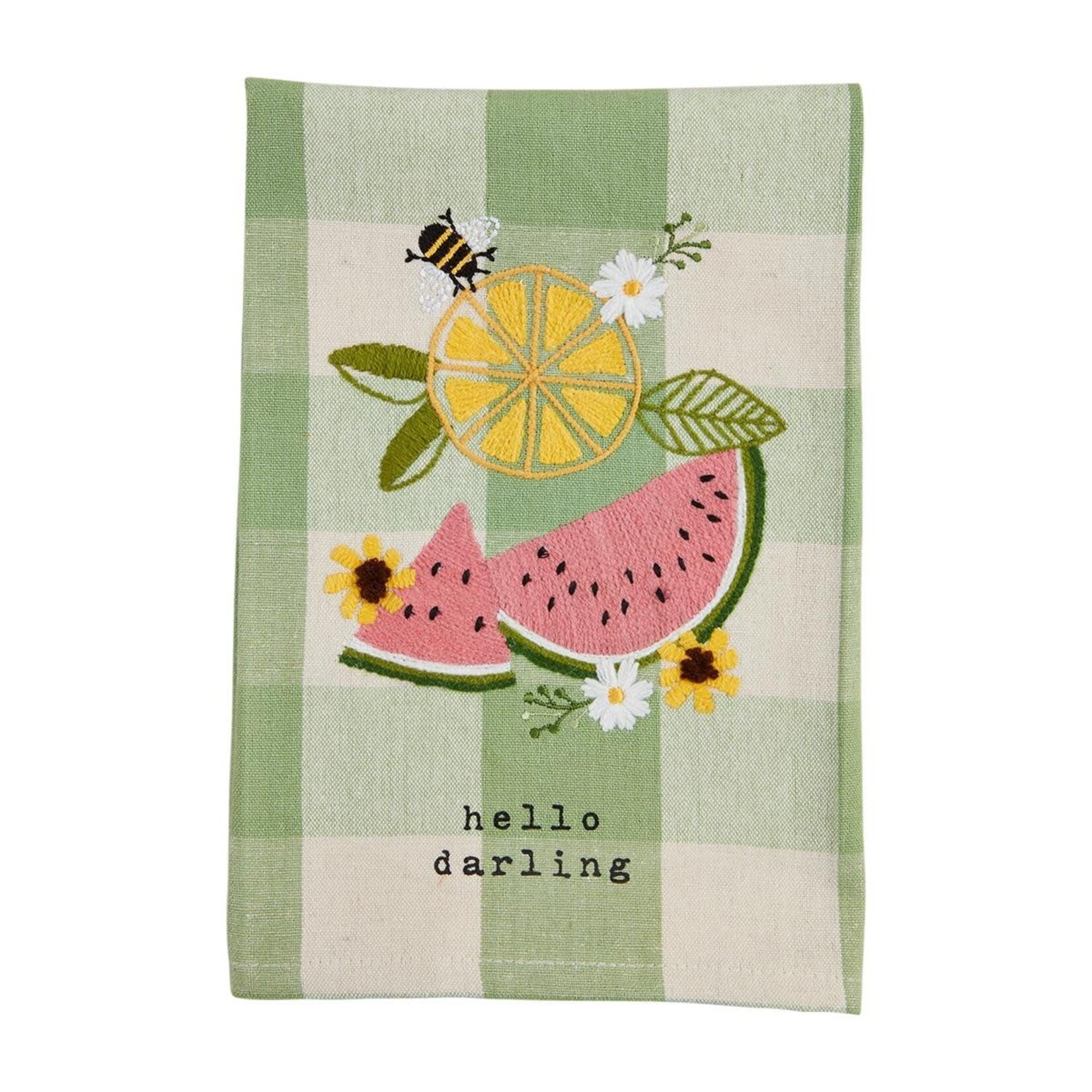 mud pie hello embroidered tea towel