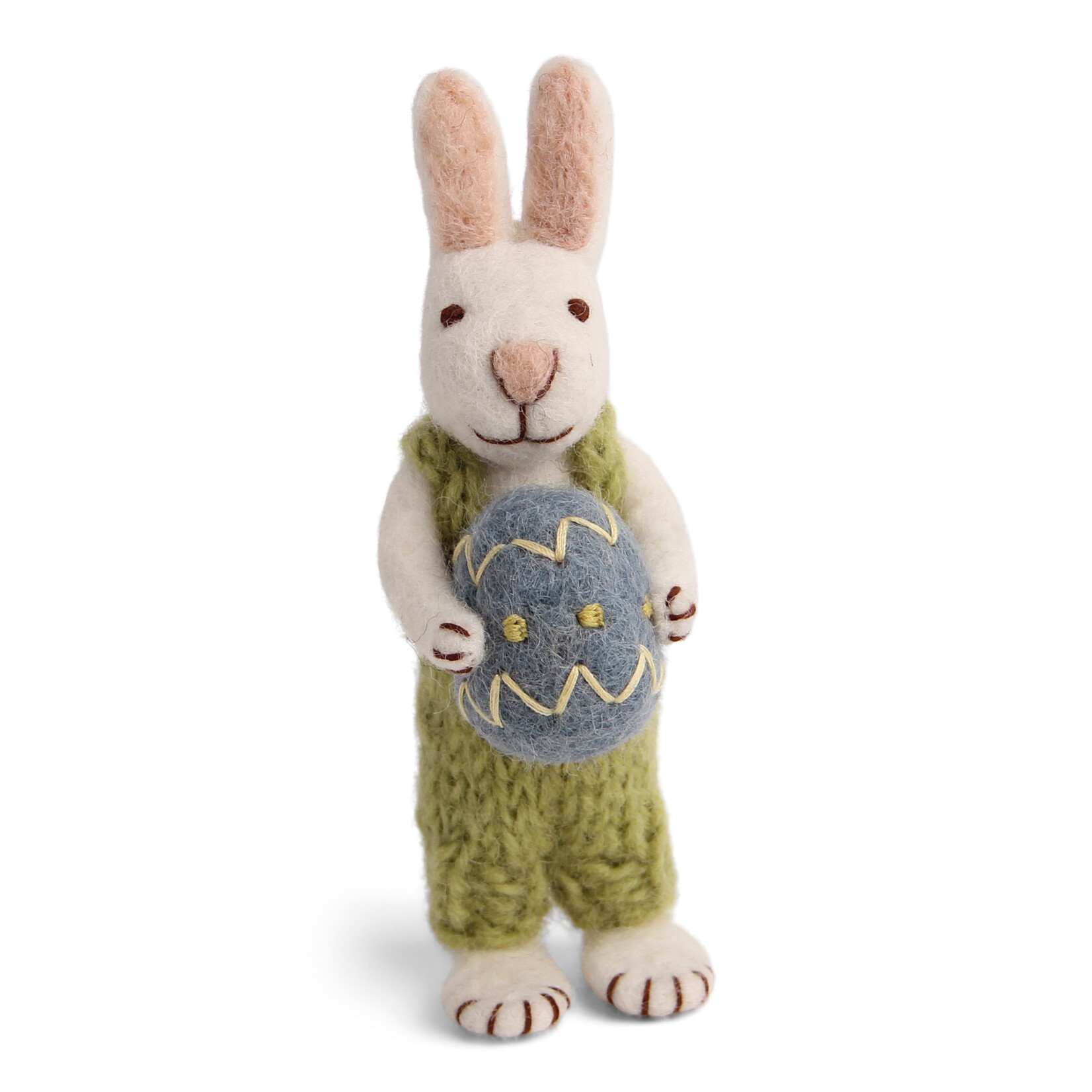 m. lynne designs white felt bunny with pants and blue egg