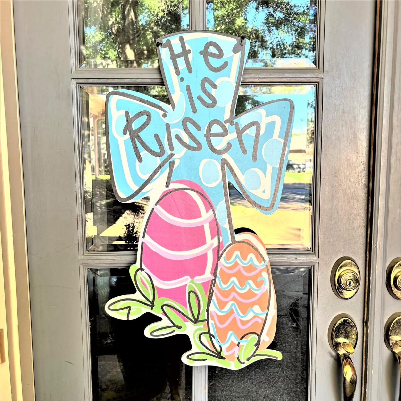m. lynne designs He is risen cross door hanger