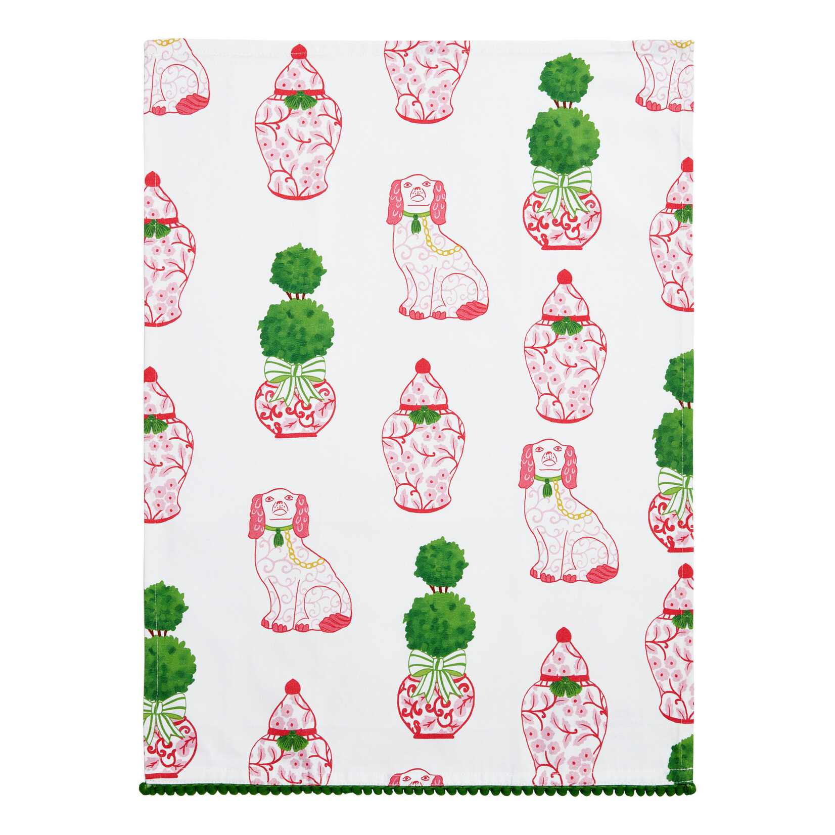 m. lynne designs pink chinoiserie tea towel with staffy dogs and poms