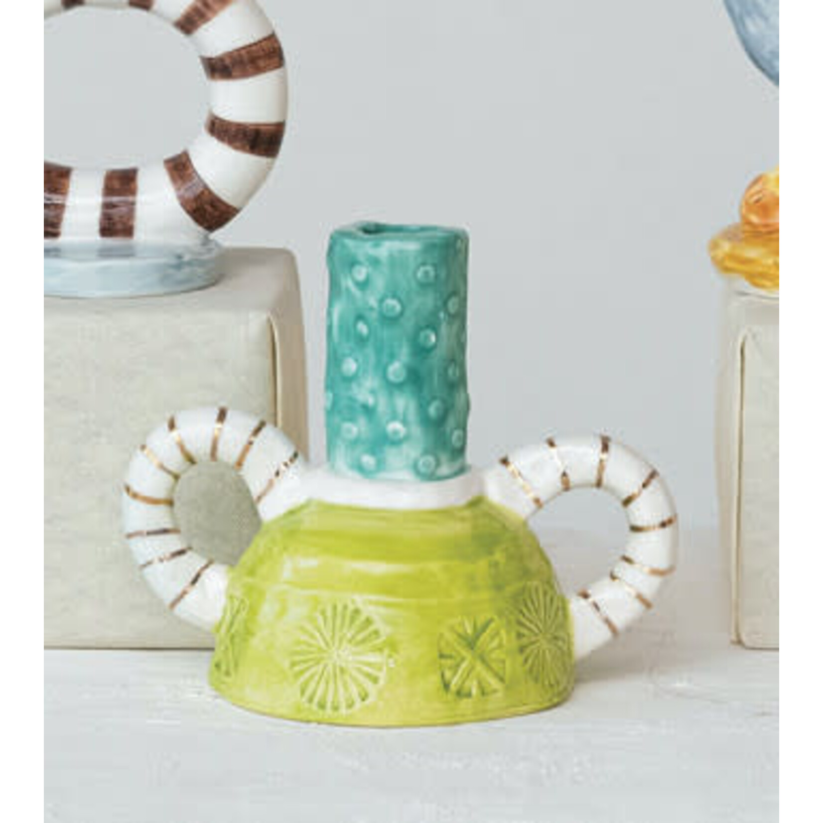 m. lynne designs lime, teal & gold stripe taper holder with handles