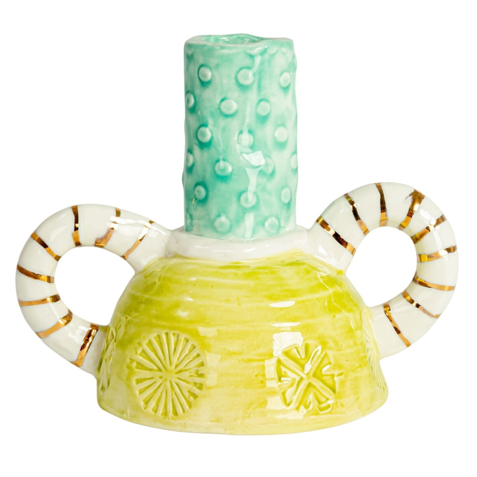 m. lynne designs lime, teal & gold stripe taper holder with handles