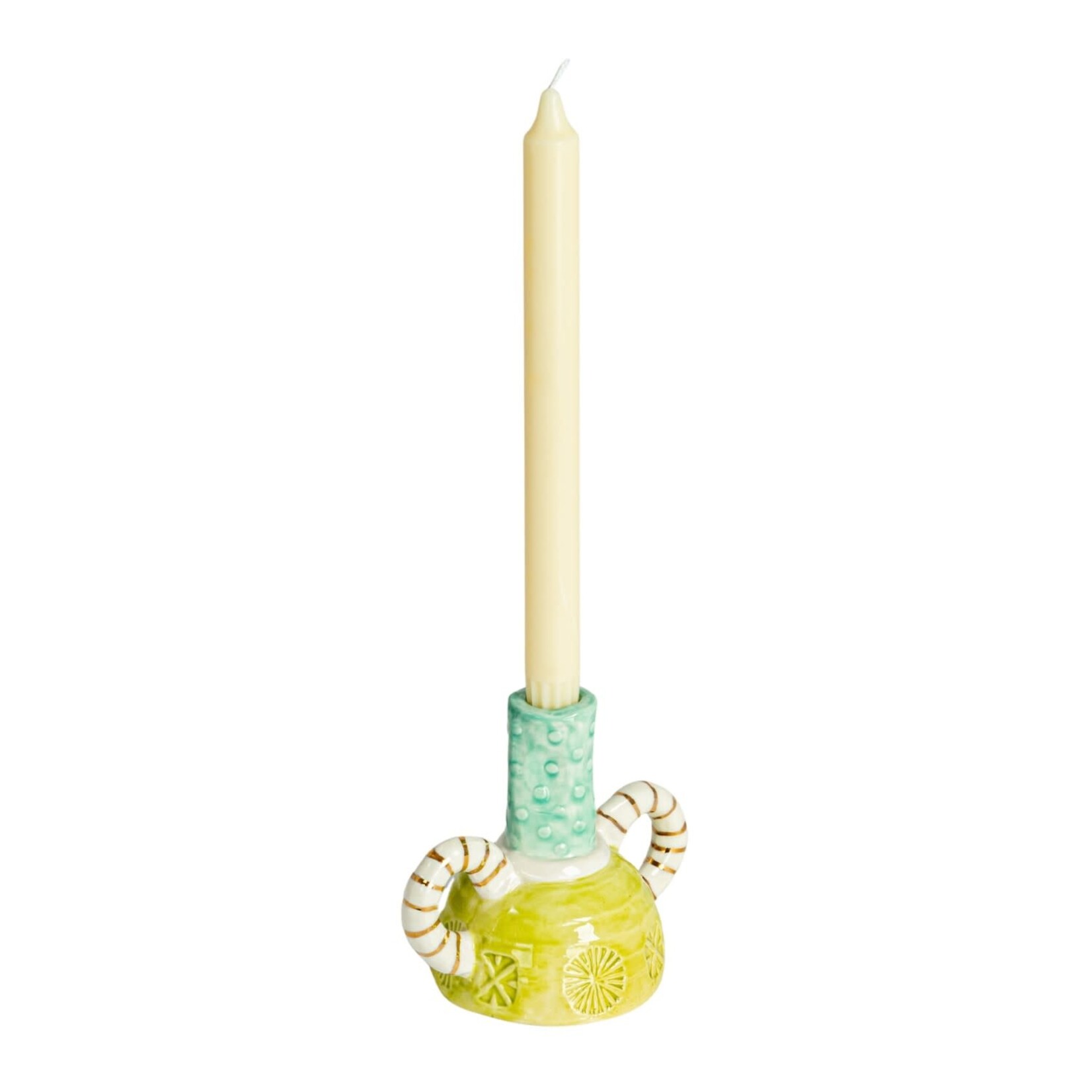m. lynne designs lime, teal & gold stripe taper holder with handles