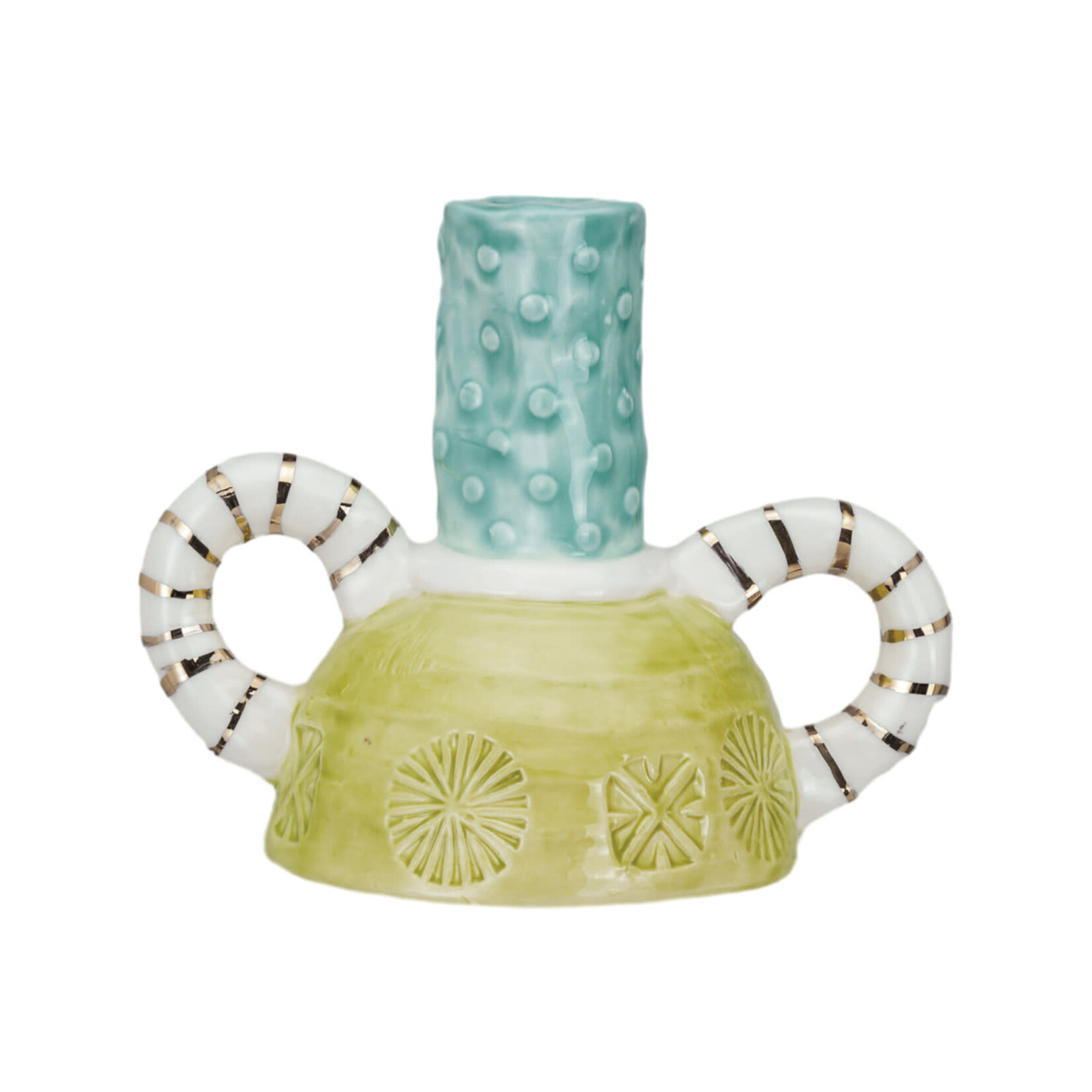 m. lynne designs lime, teal & gold stripe taper holder with handles