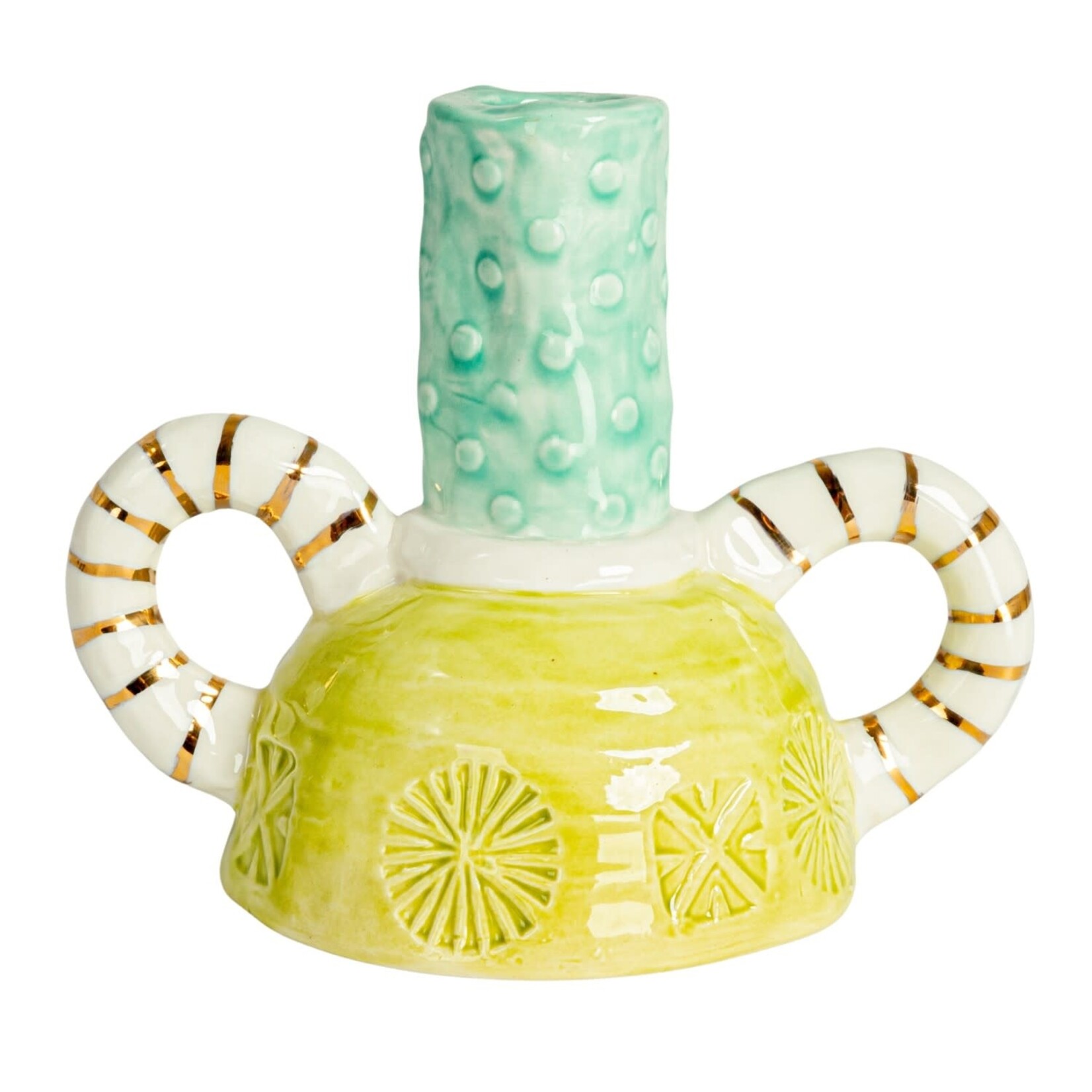 m. lynne designs lime, teal & gold stripe taper holder with handles