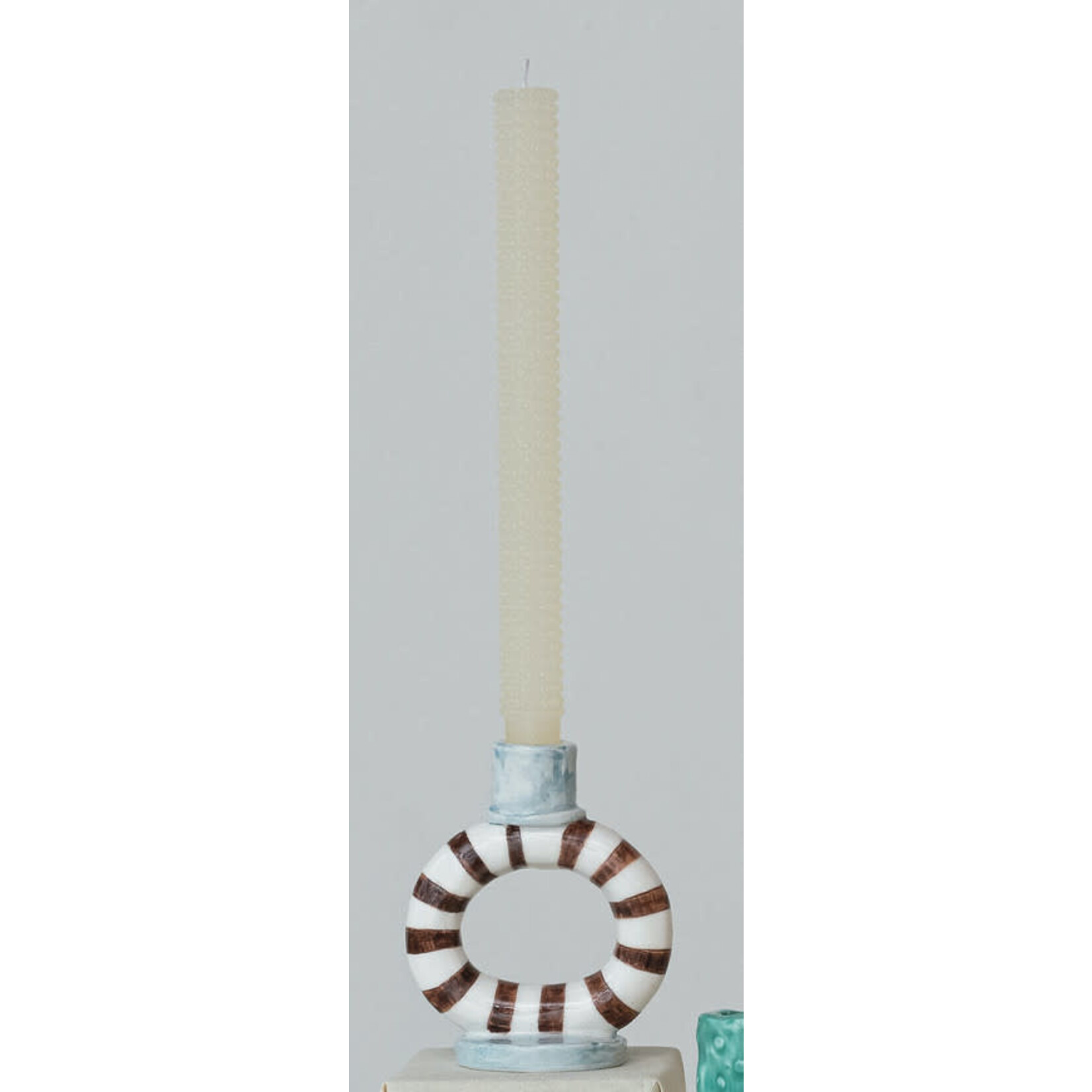 m. lynne designs blue and gray striped taper holder