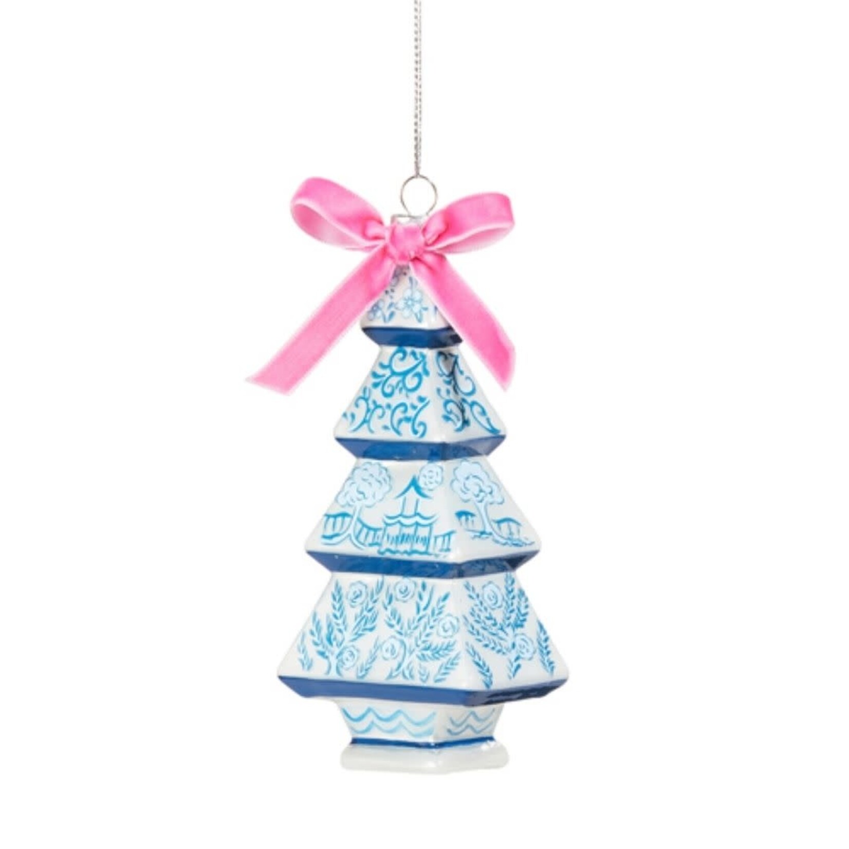 m. lynne designs blue and white chinoiserie tree ornament with pink bow