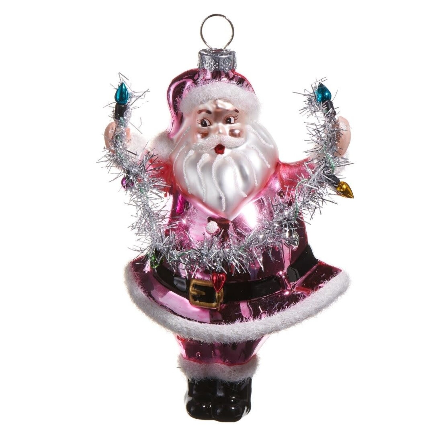 m. lynne designs pink santa holding lights ornament