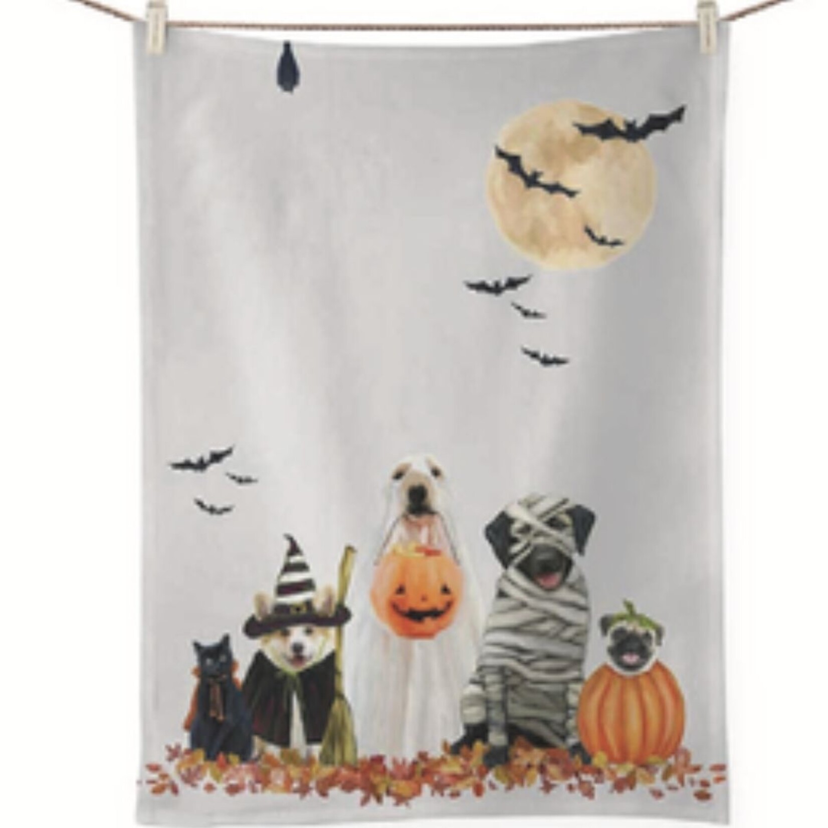 m. lynne designs halloween pups tea towel
