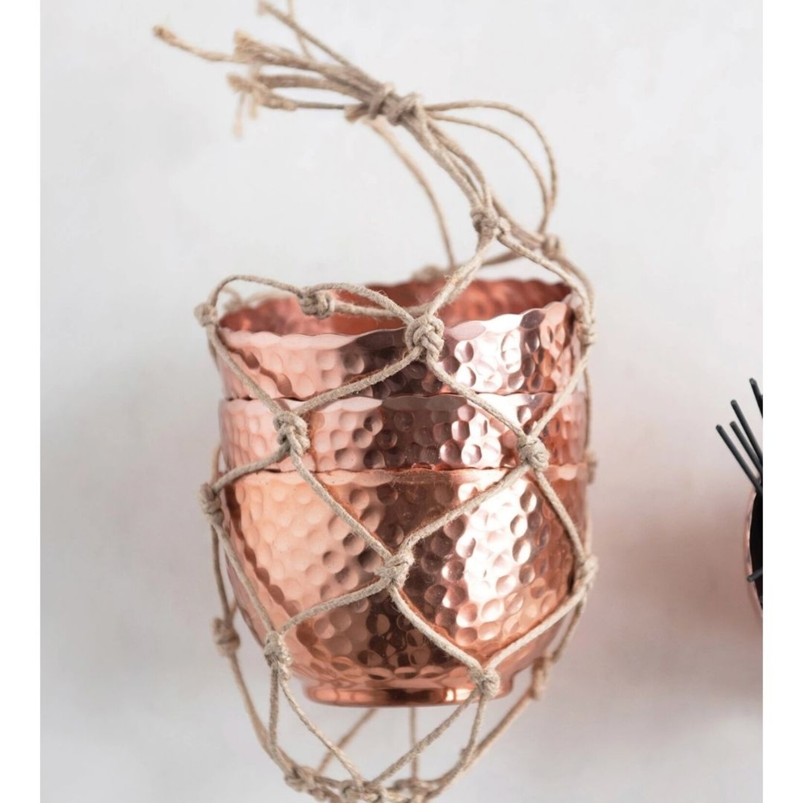 m. lynne designs hammered copper bowls with jute tie