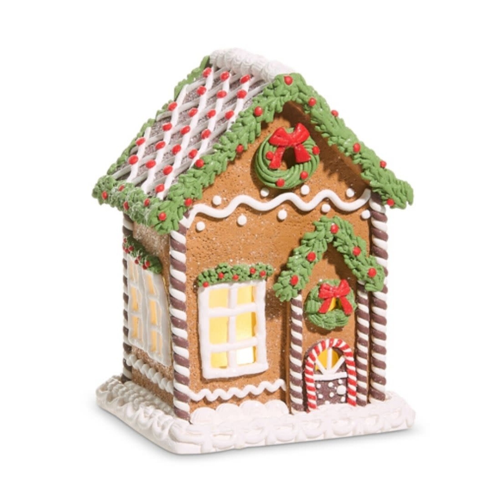 m. lynne designs 8" lighted gingerbread house  with balsam and berries around roof