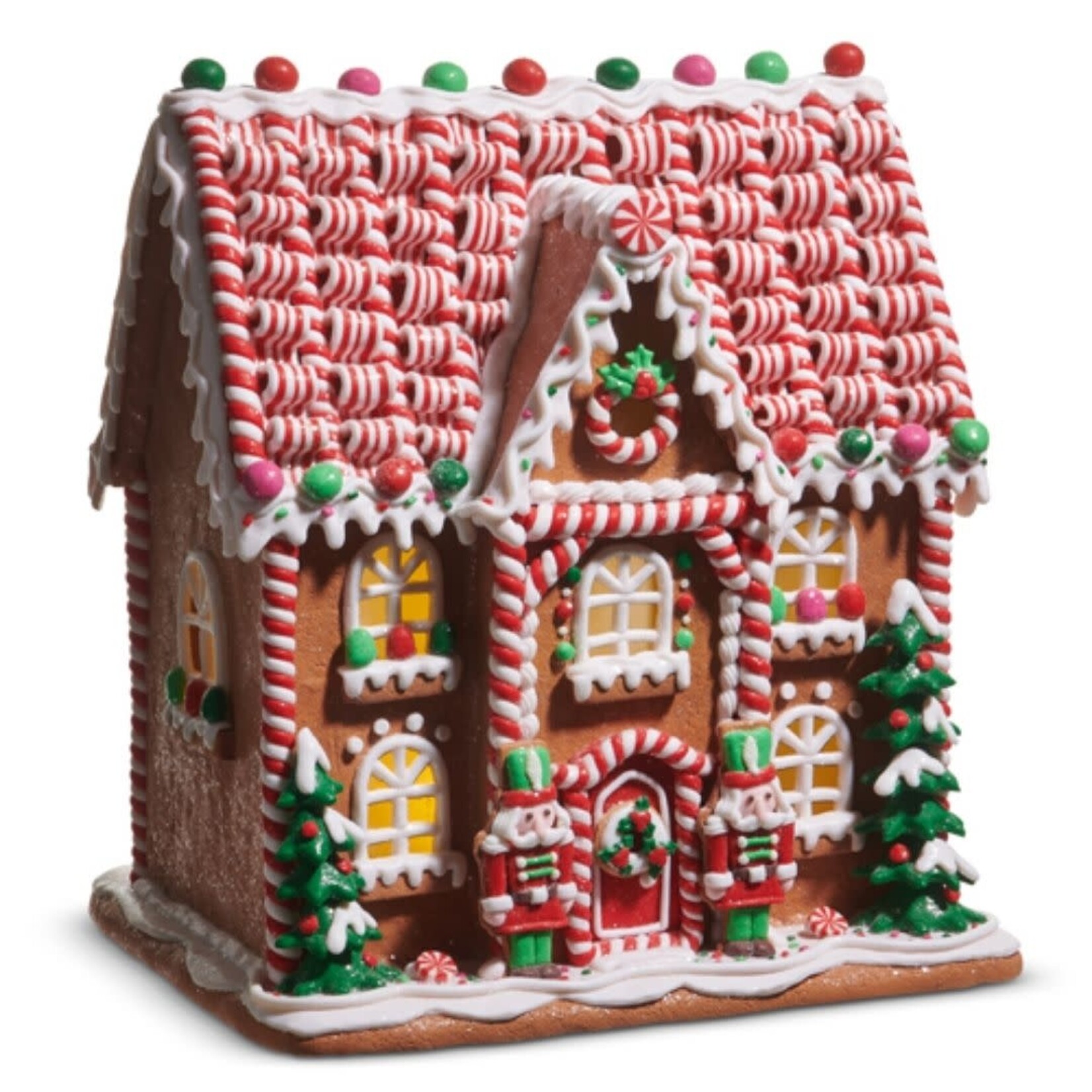 m. lynne designs 14" multicolor lighted gingerbread house with peppermint ribbon roof