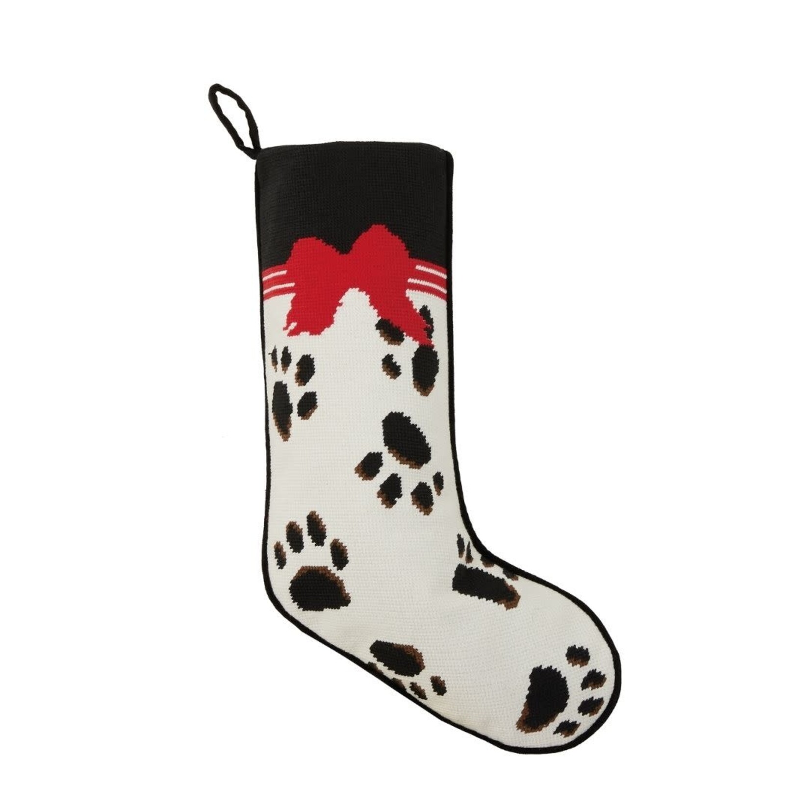 m. lynne designs black paws on white needlepoint stocking